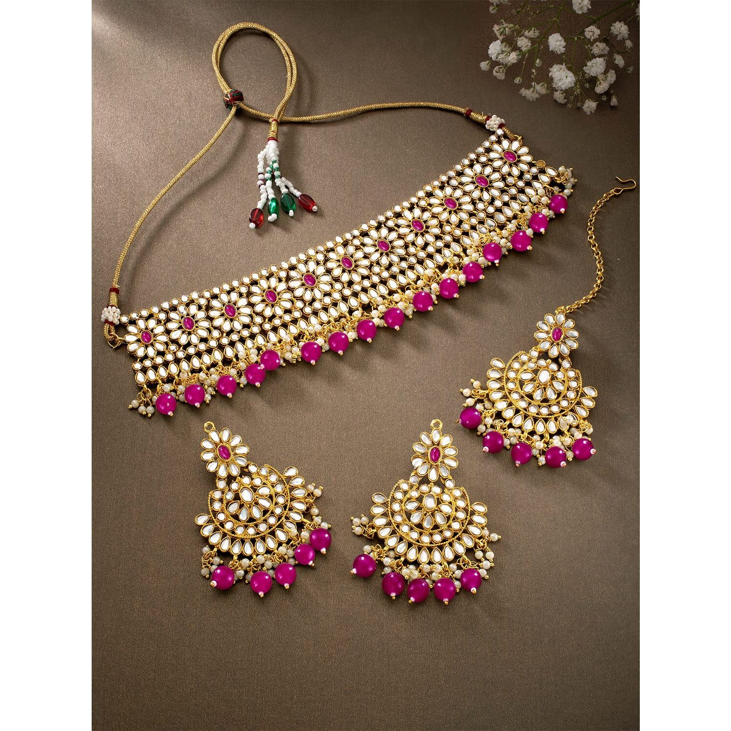 Peora Gold Plated Kundan Studded Choker Necklace Earrings & Maang Tikka Set Wedding Jewellery Set For Girls & Women (Rani Pink)