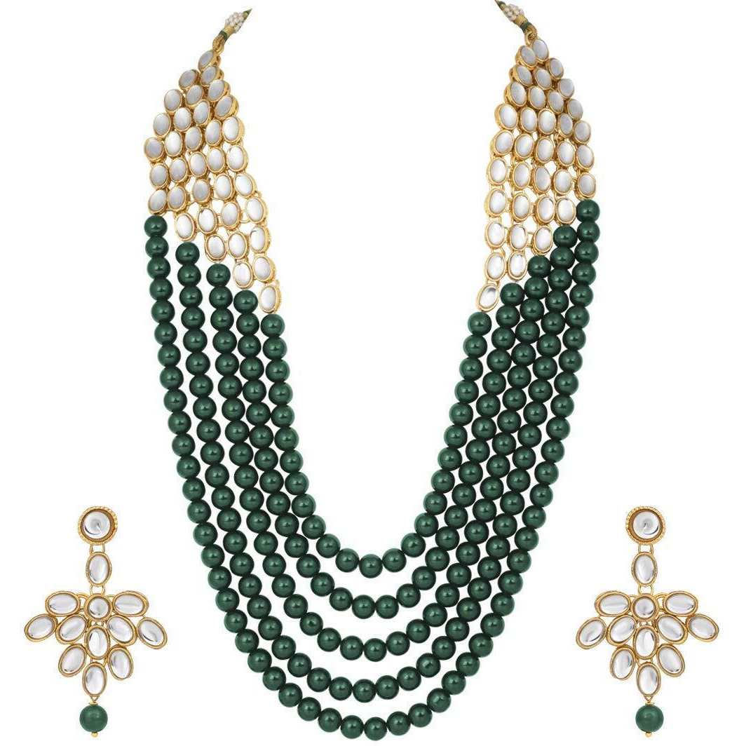 I Jewels Wedding Collection 5 Layer Faux Mother-of-pearl and Kundan Rani Haar Necklace Jewellery Set with Earrings for Women (IJ350G)