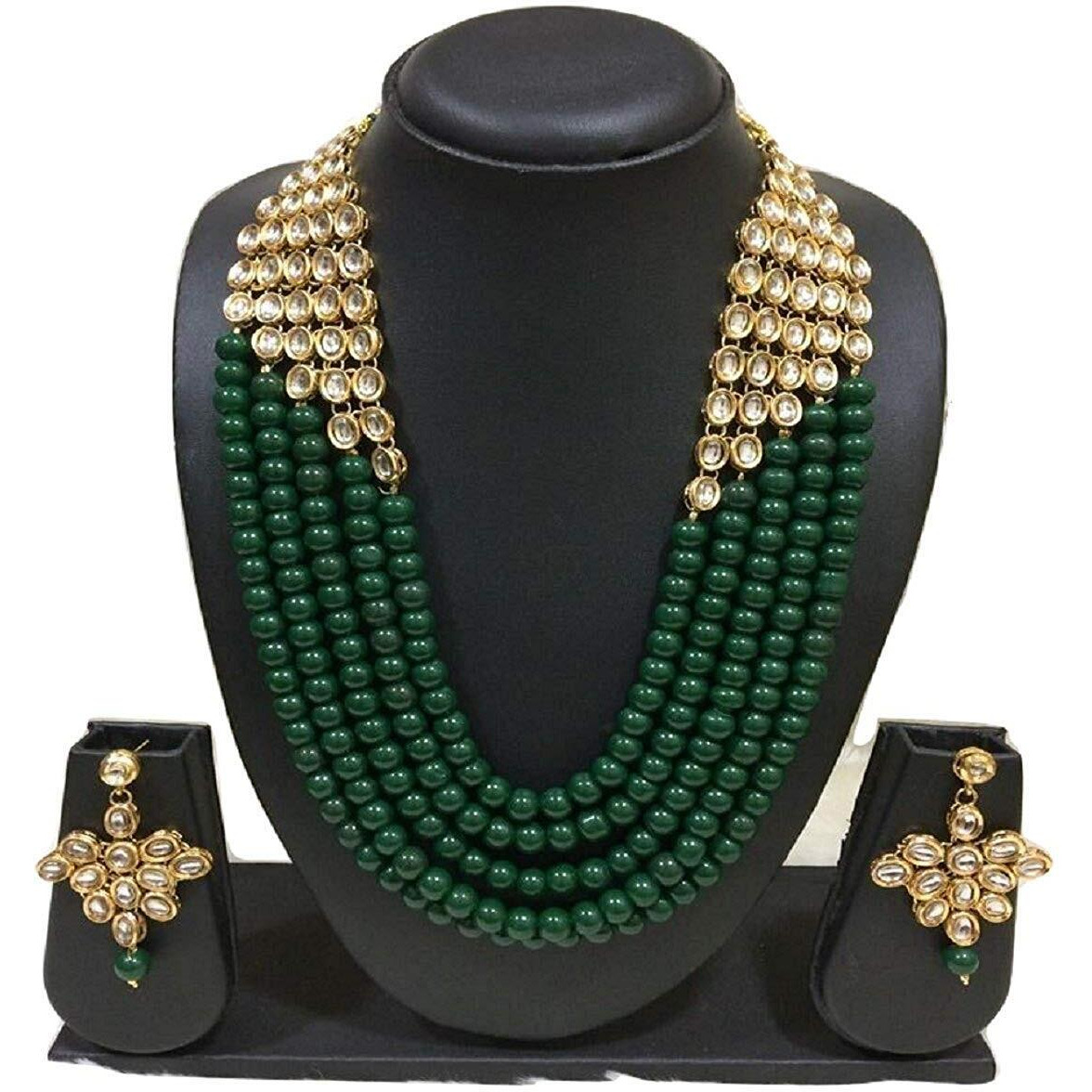 I Jewels Wedding Collection 5 Layer Faux Mother-of-pearl and Kundan Rani Haar Necklace Jewellery Set with Earrings for Women (IJ350G)