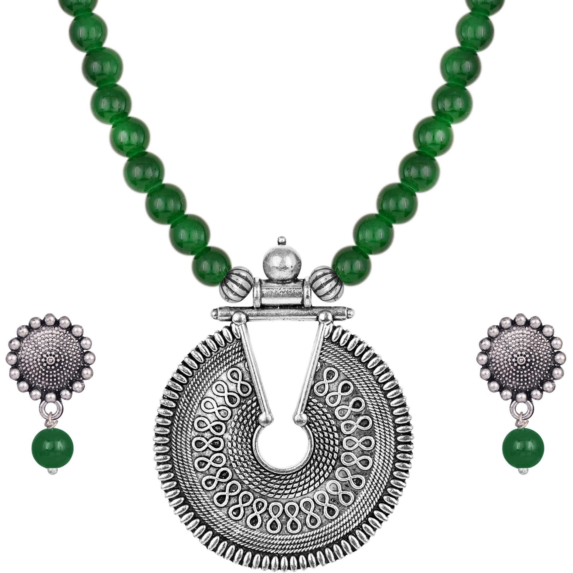 JFL - Jewellery for Less Silver Plated Oxidized Pendant with Beaded Necklace Set for Women and Girls (Green),Valentine