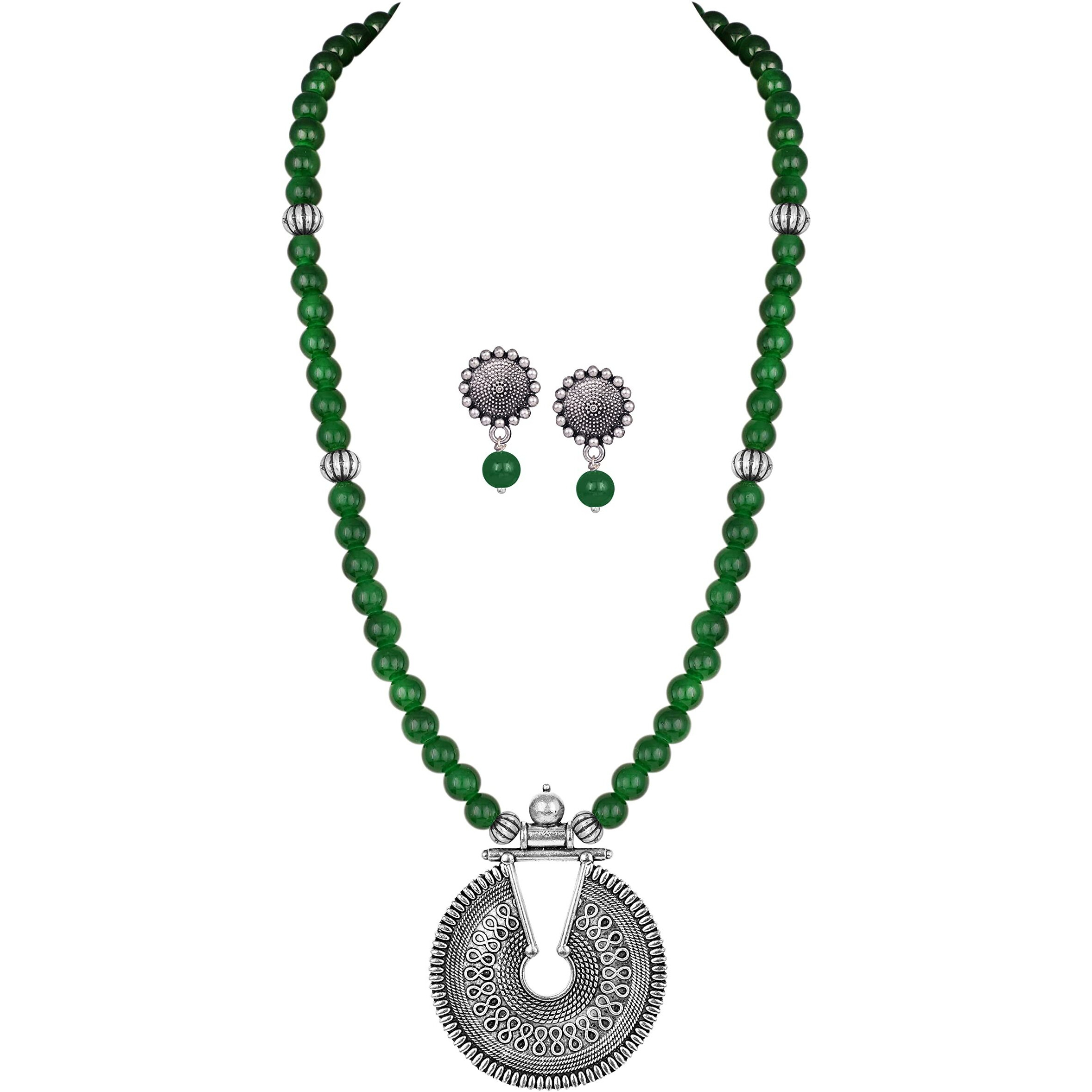 JFL - Jewellery for Less Silver Plated Oxidized Pendant with Beaded Necklace Set for Women and Girls (Green),Valentine