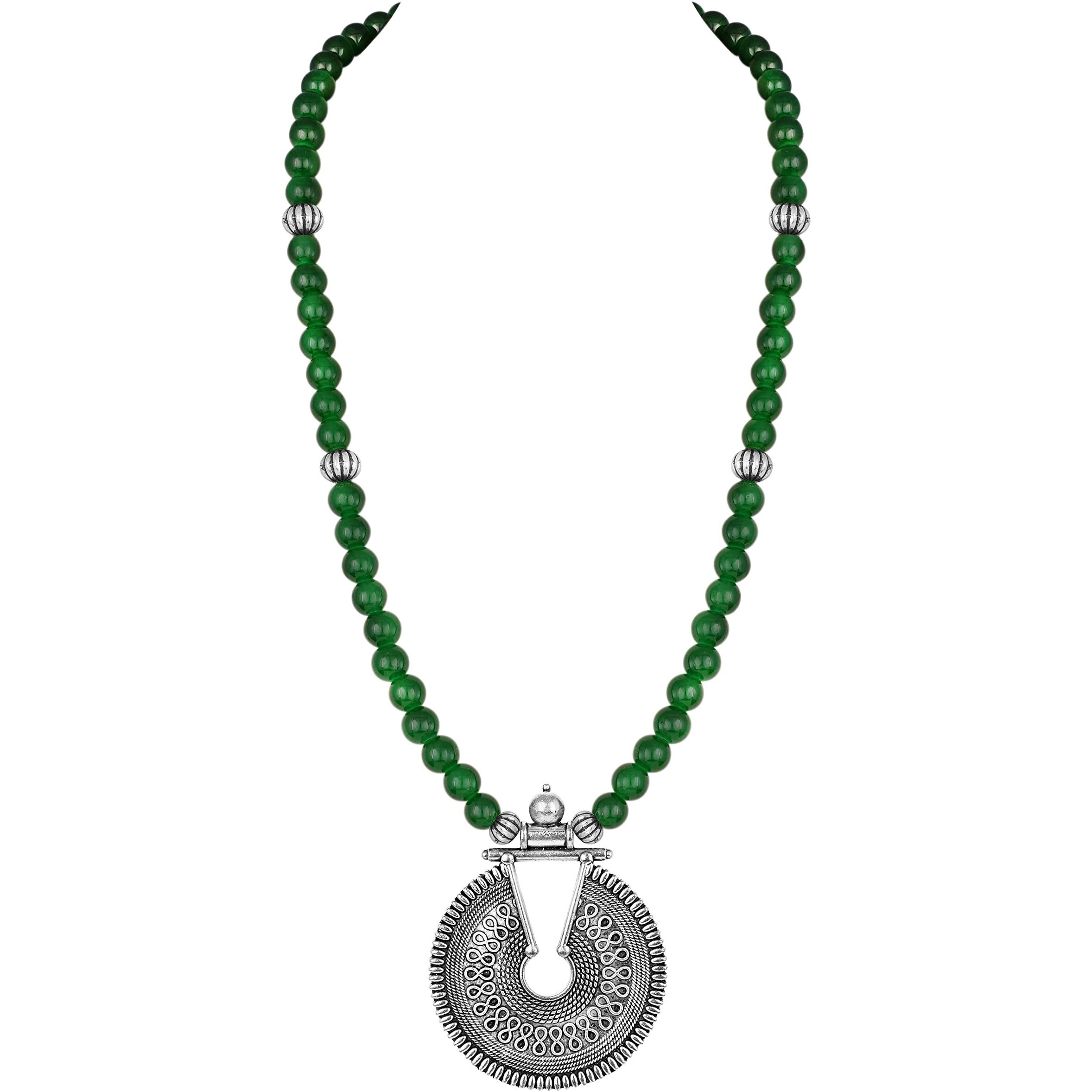 JFL - Jewellery for Less Silver Plated Oxidized Pendant with Beaded Necklace Set for Women and Girls (Green),Valentine