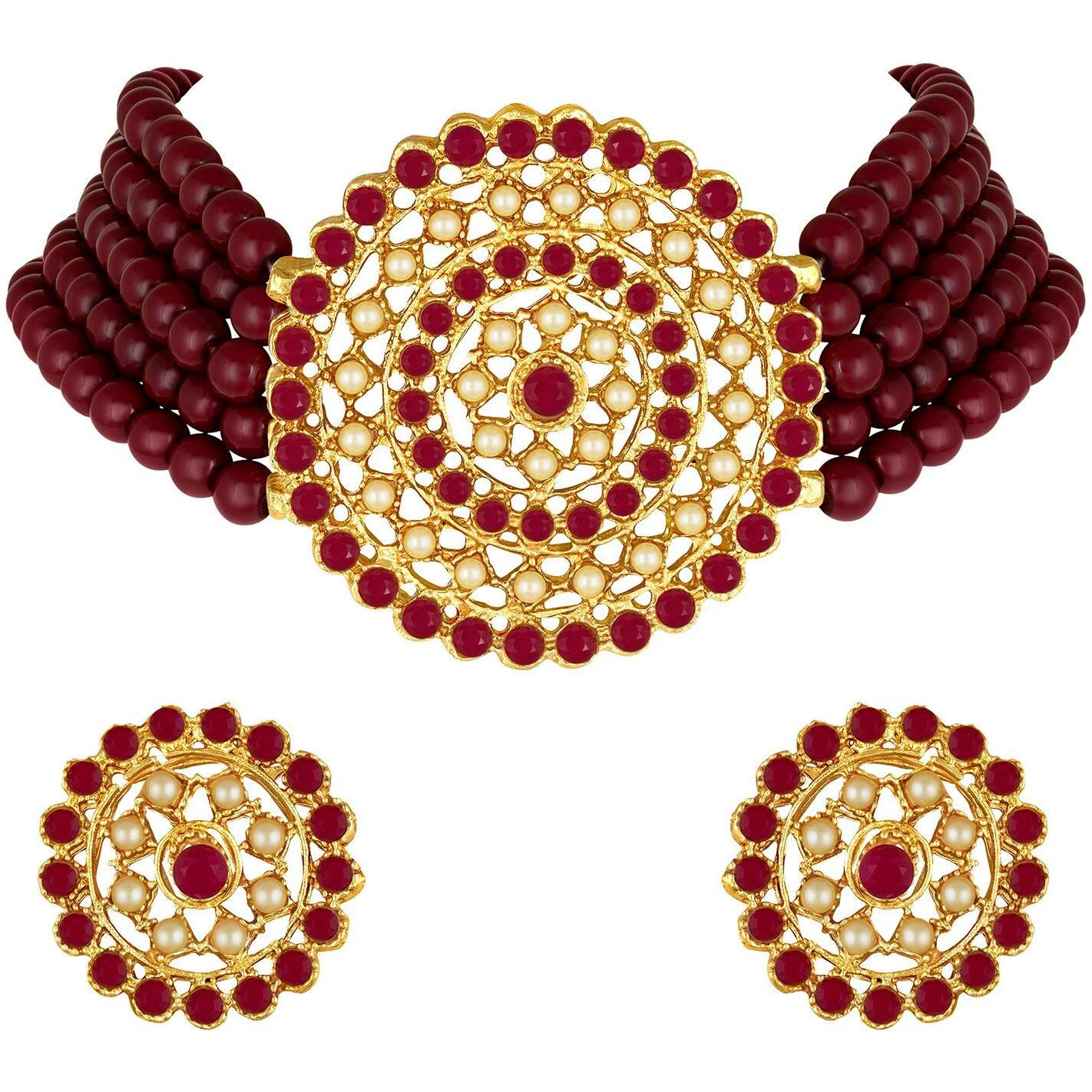 I Jewels 18K Gold Plated Traditional Light Weight Pearl Beaded Choker Necklace Jewellery Set Glided With Moti Work (ML239M-1) For Womens