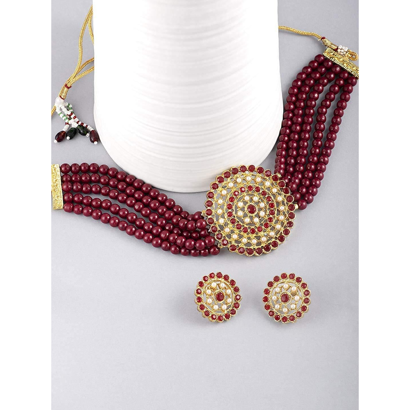 I Jewels 18K Gold Plated Traditional Light Weight Pearl Beaded Choker Necklace Jewellery Set Glided With Moti Work (ML239M-1) For Womens