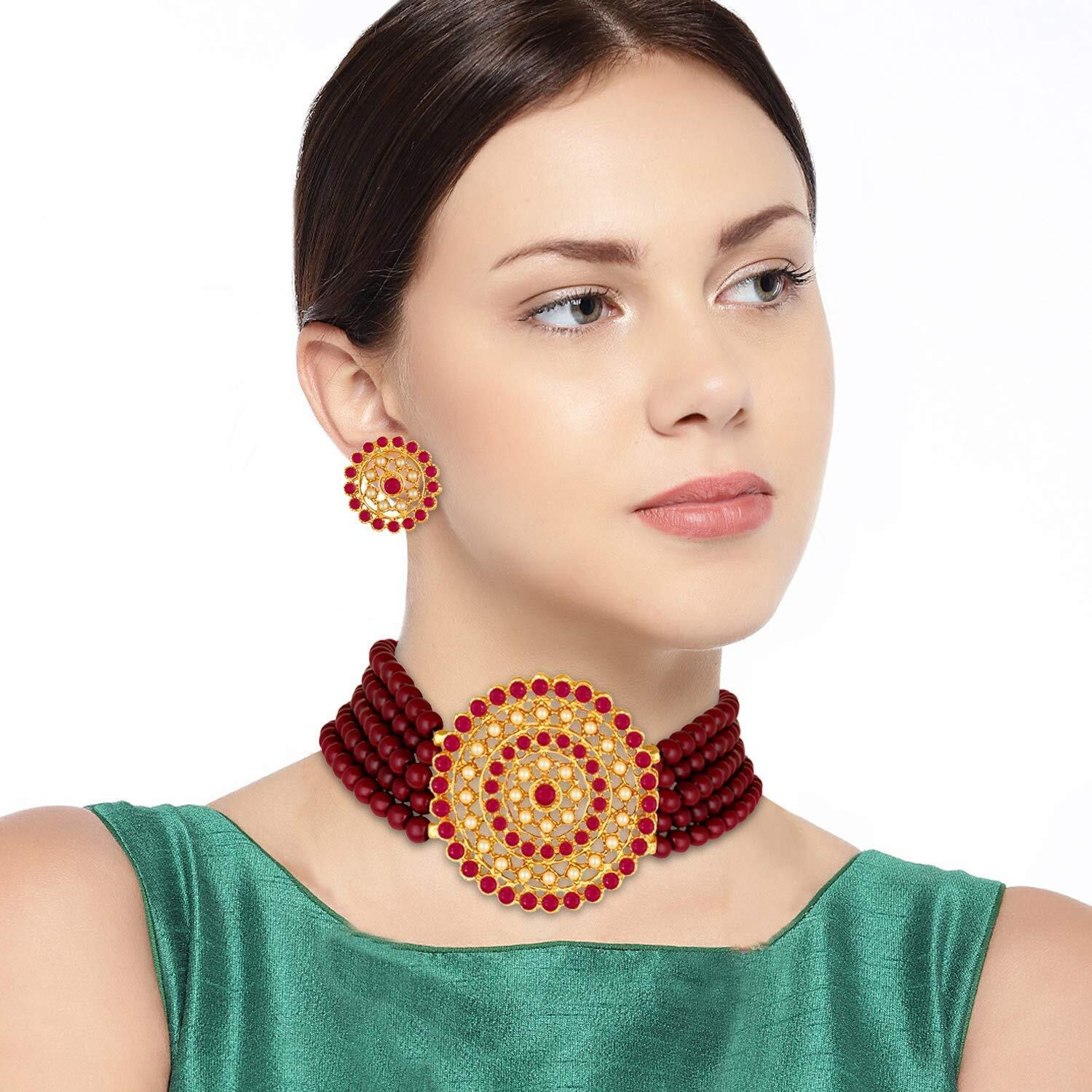 I Jewels 18K Gold Plated Traditional Light Weight Pearl Beaded Choker Necklace Jewellery Set Glided With Moti Work (ML239M-1) For Womens
