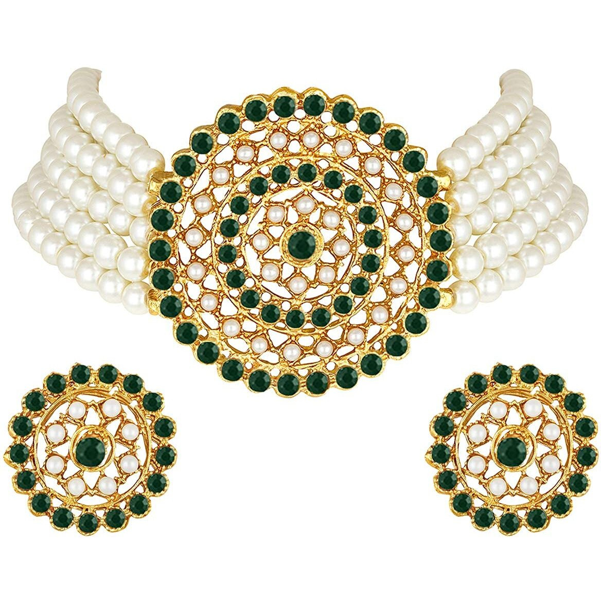 I Jewels 18K Gold Plated Traditional Light Weight Pearl Beaded Choker Necklace Jewellery Set Glided with Moti Work (ML239WG) For Women