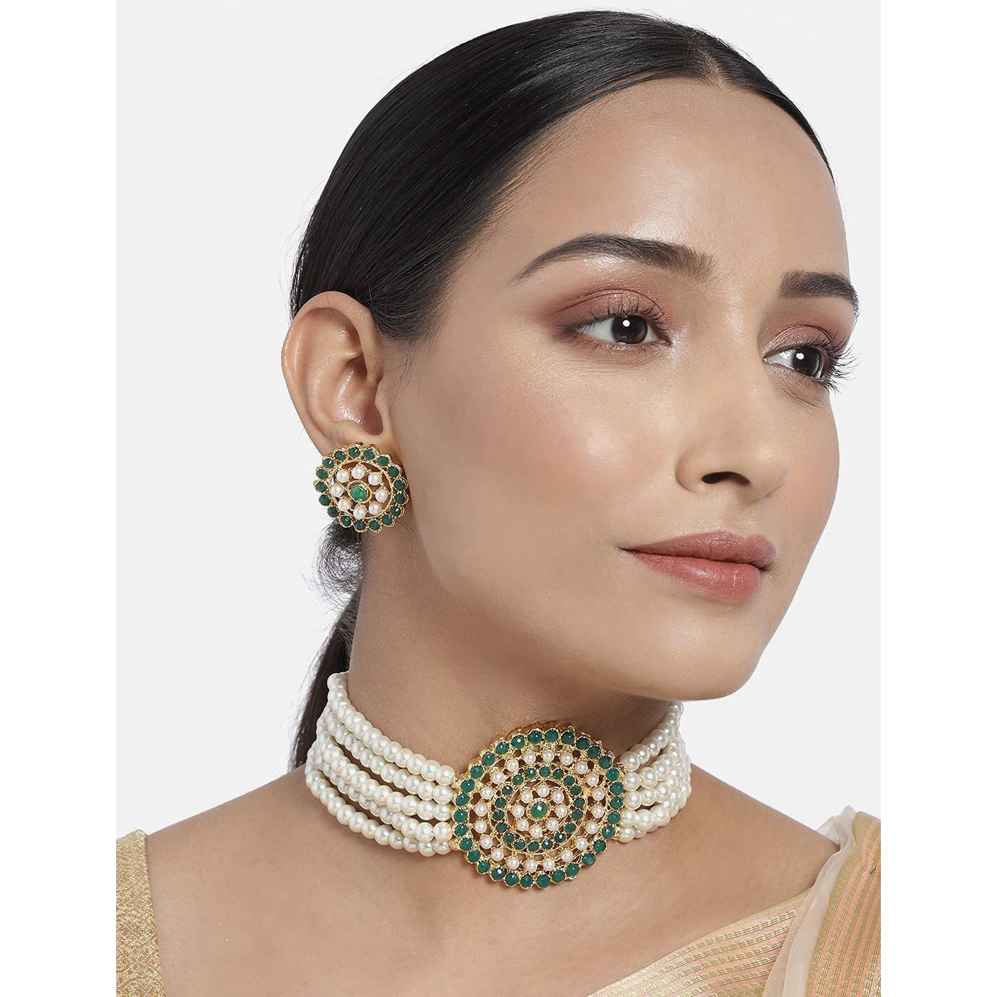 I Jewels 18K Gold Plated Traditional Light Weight Pearl Beaded Choker Necklace Jewellery Set Glided with Moti Work (ML239WG) For Women