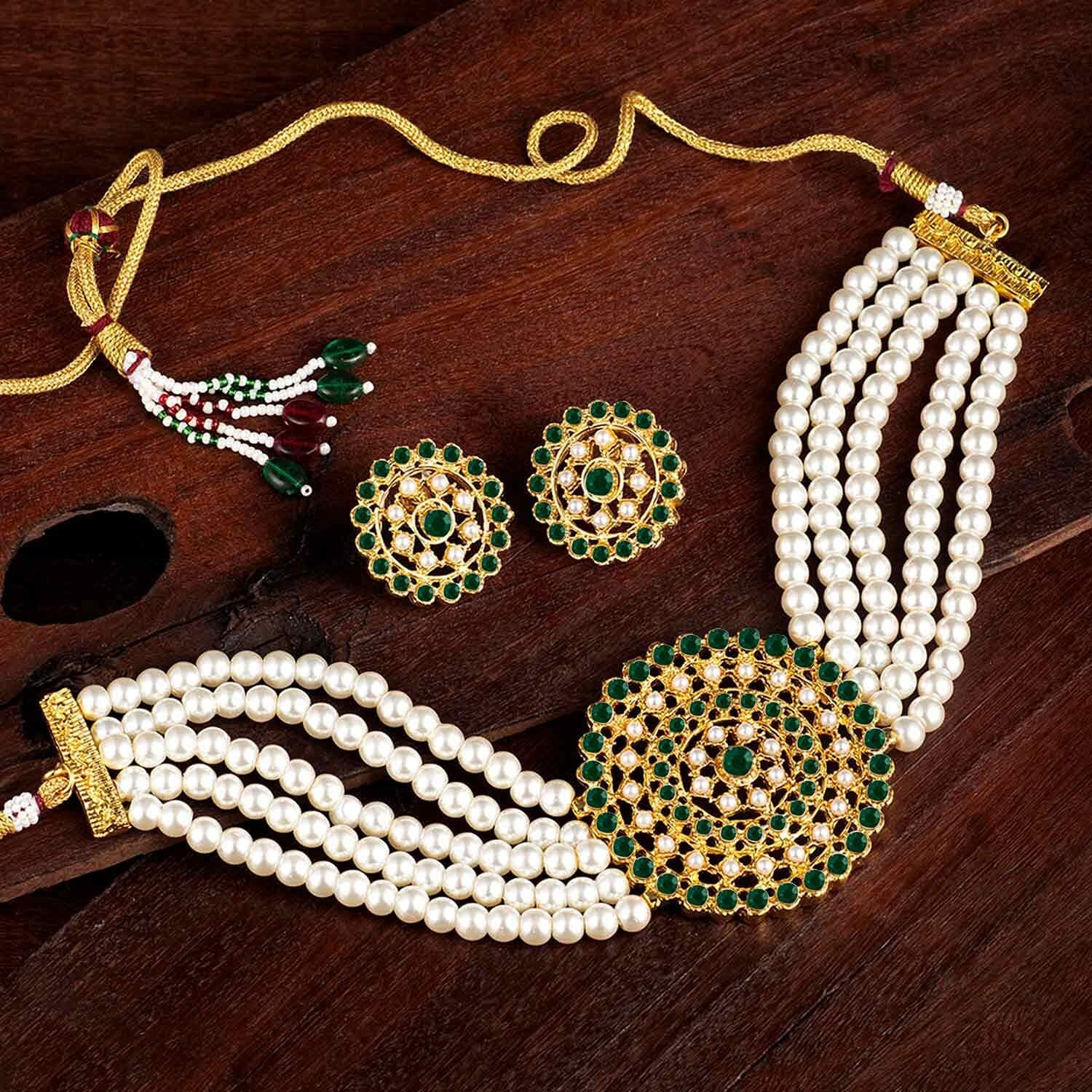 I Jewels 18K Gold Plated Traditional Light Weight Pearl Beaded Choker Necklace Jewellery Set Glided with Moti Work (ML239WG) For Women
