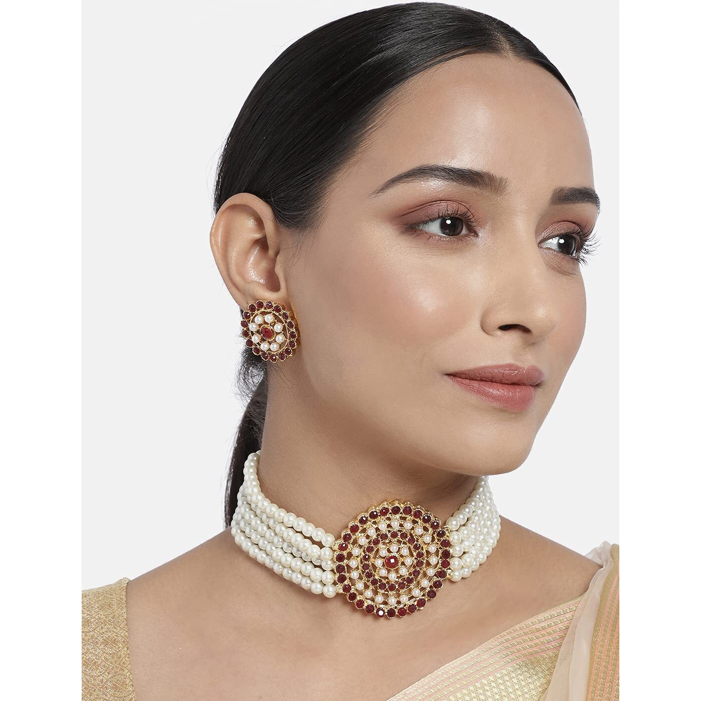 I Jewels 18K Gold Plated Traditional Light Weight Pearl Beaded Choker Necklace Jewellery Set Glided with Moti Work (ML239WM) For Women