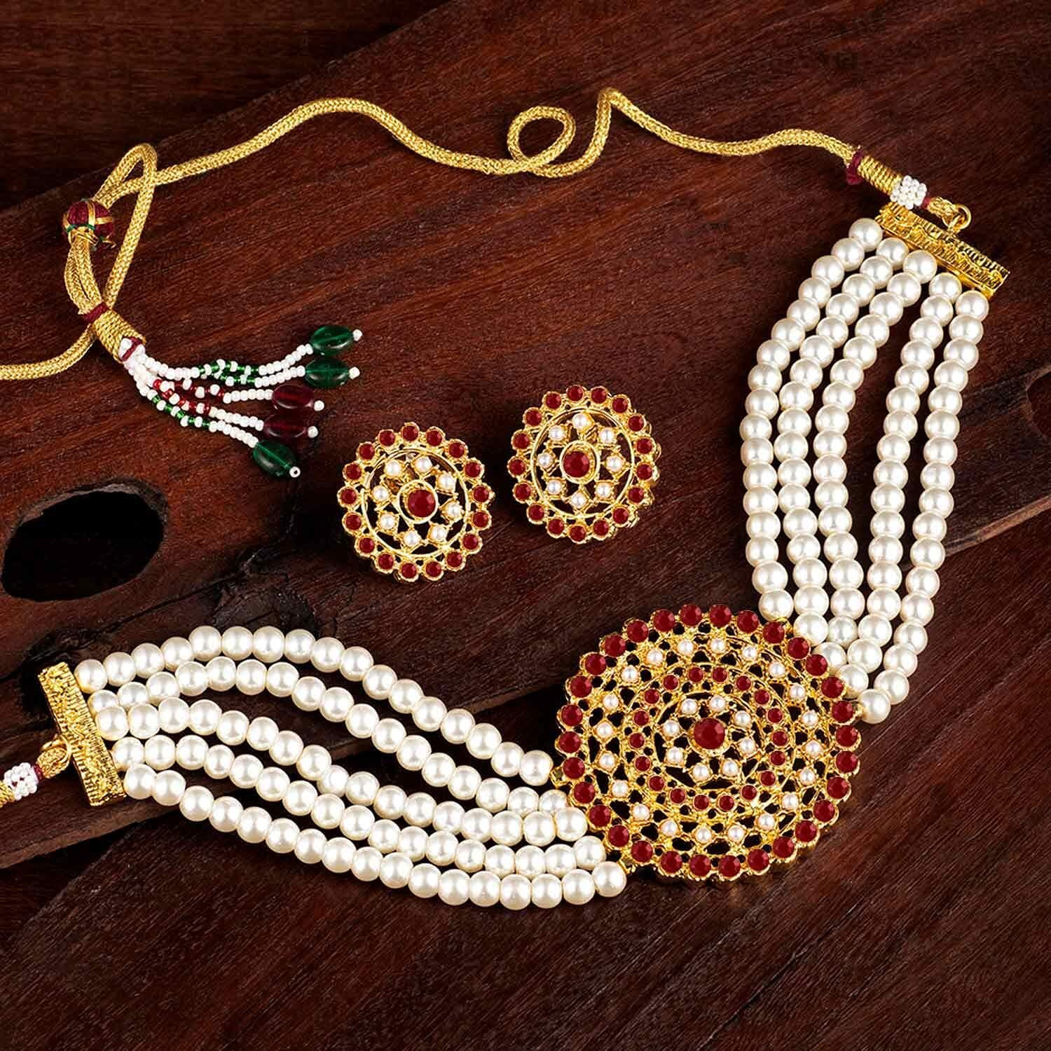 I Jewels 18K Gold Plated Traditional Light Weight Pearl Beaded Choker Necklace Jewellery Set Glided with Moti Work (ML239WM) For Women