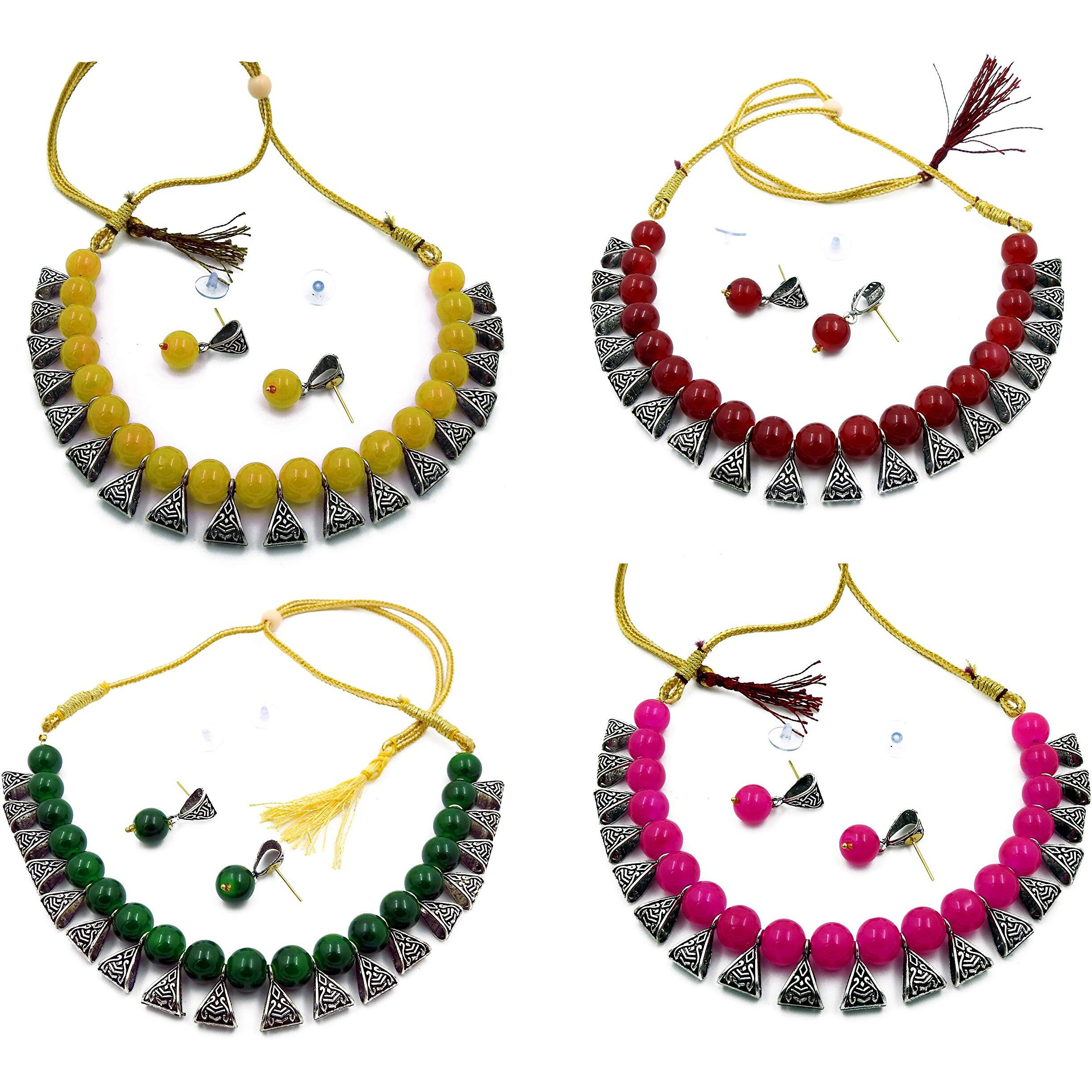 LACUM German Oxidized Beads Pearl Necklace Sets Combo for Women and Girls Pack of 3, 4, 6 and 8 (SILVER) (LAC625BNS0Y) (Pack4S_YRGP)