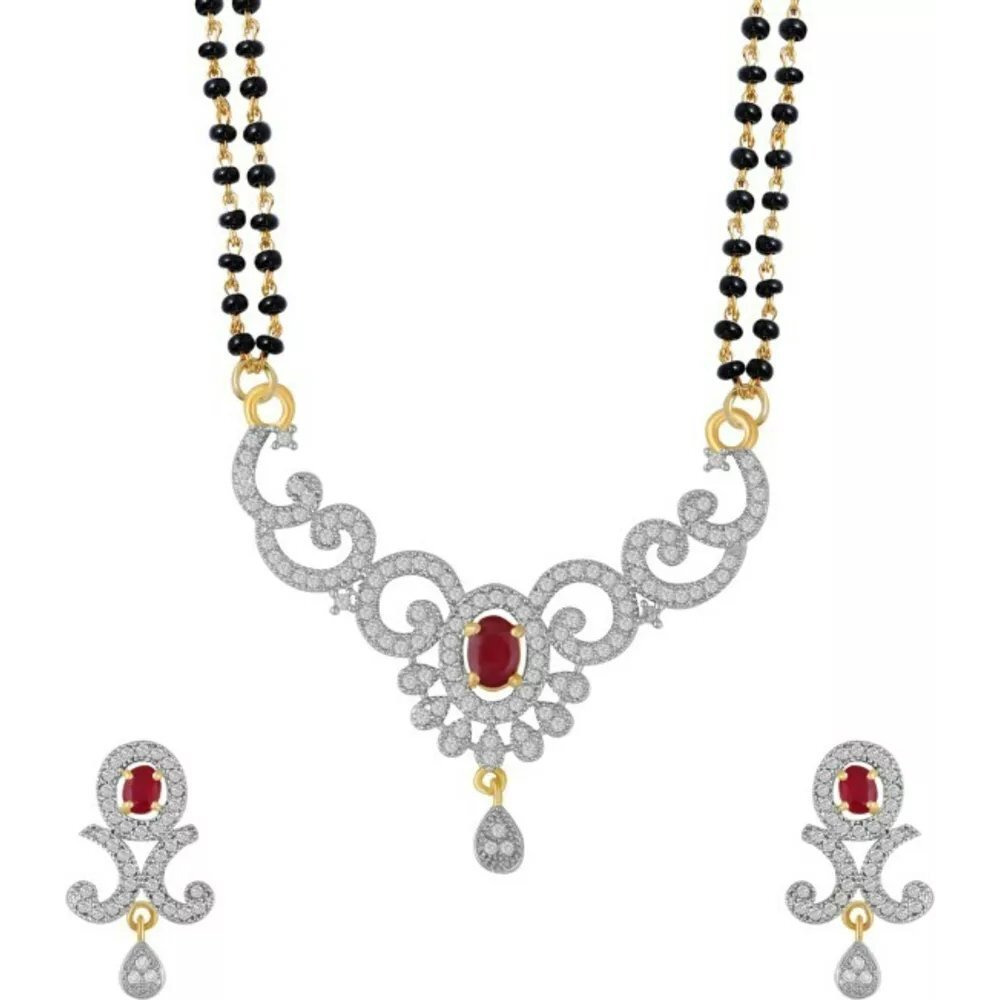 YouBella Jewellery Womens Pride American Diamond Gold Plated Mangalsutra Pendant with Chain and Earrings for Women