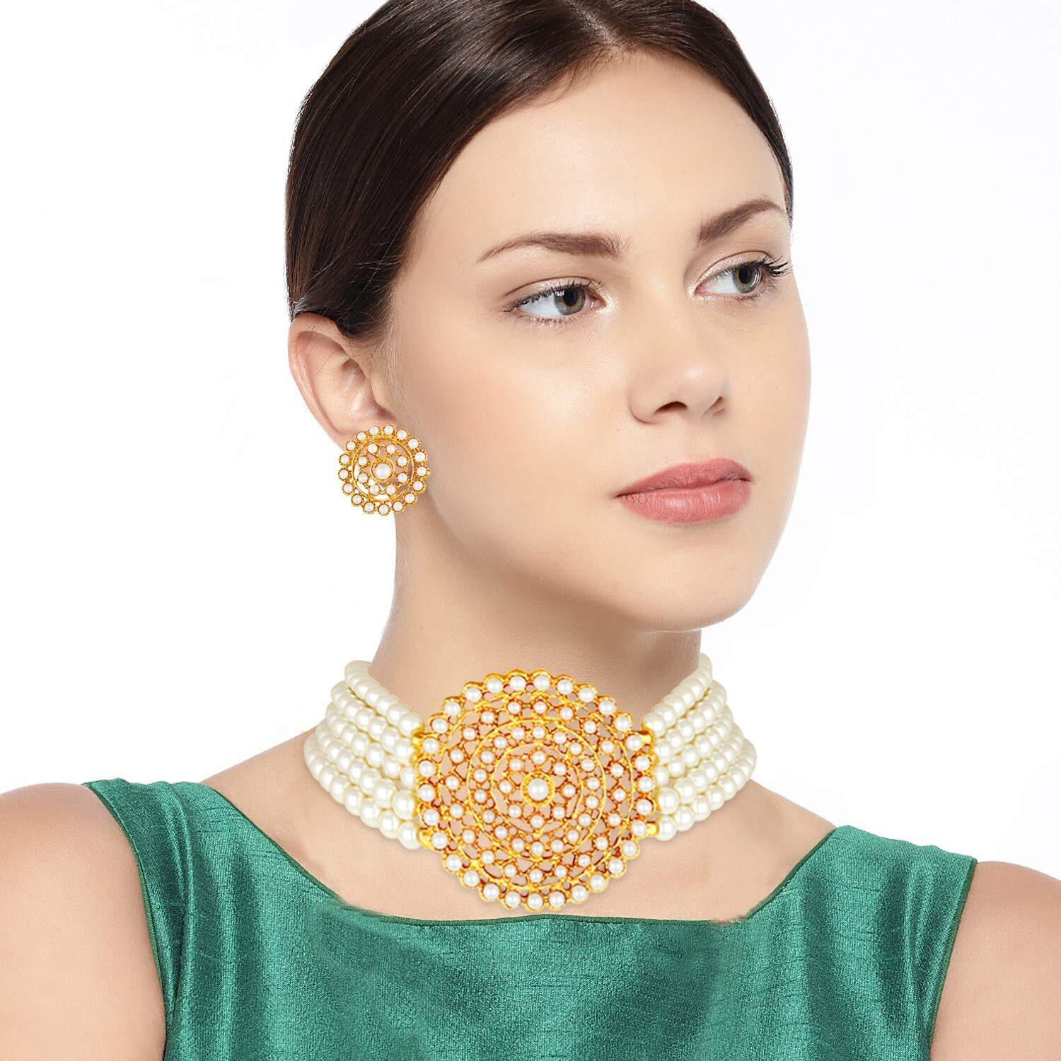 I Jewels 18K Gold Plated Traditional Light Weight Pearl Beaded Choker Necklace Jewellery Set Glided With Moti Work (ML239W-1) For Womens