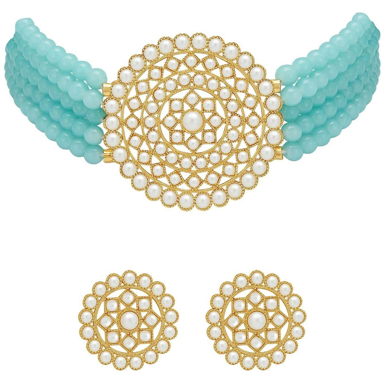 I Jewels 18K Gold Plated Traditional Light Weight Pearl Beaded Choker Necklace Jewellery Set Glided With Moti Work For Women (ML239Sb)