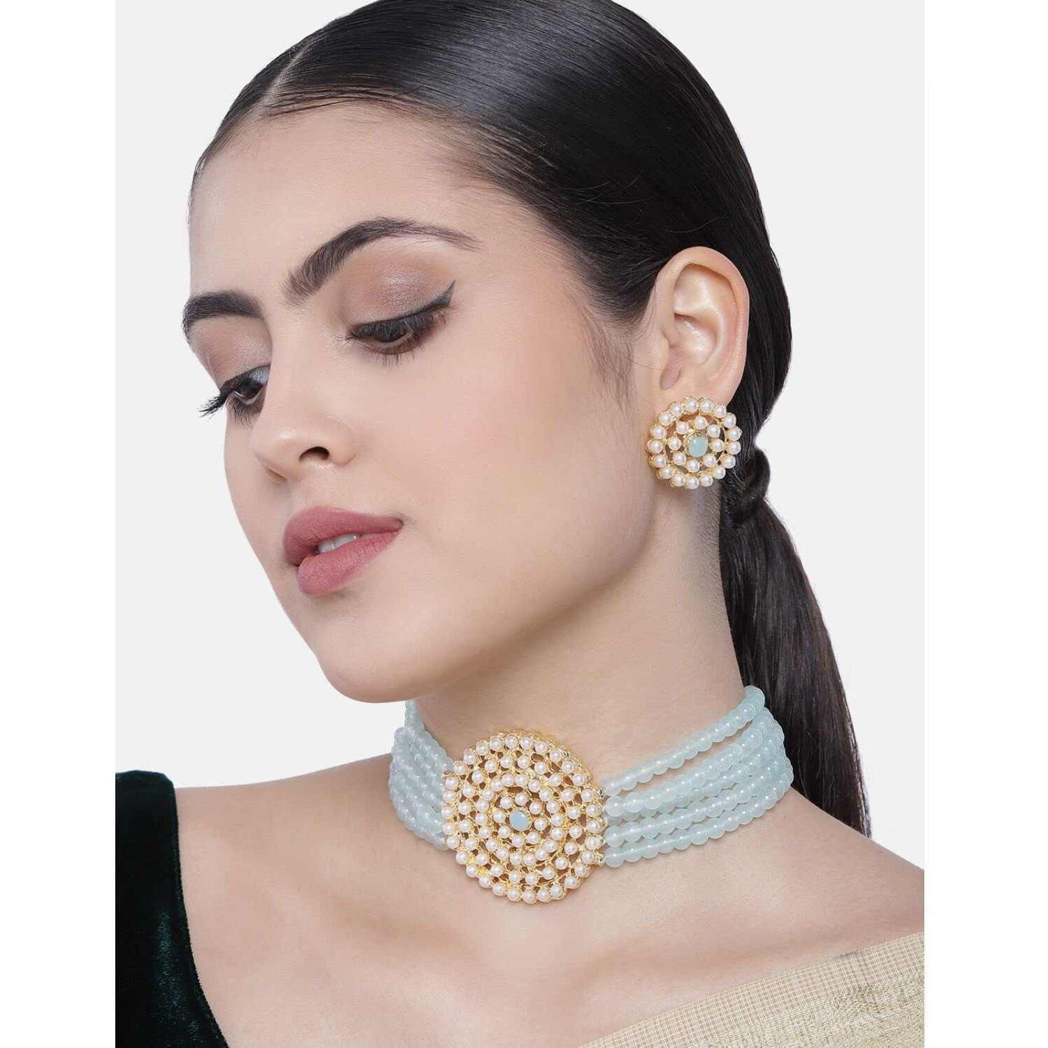 I Jewels 18K Gold Plated Traditional Light Weight Pearl Beaded Choker Necklace Jewellery Set Glided With Moti Work For Women (ML239Sb)