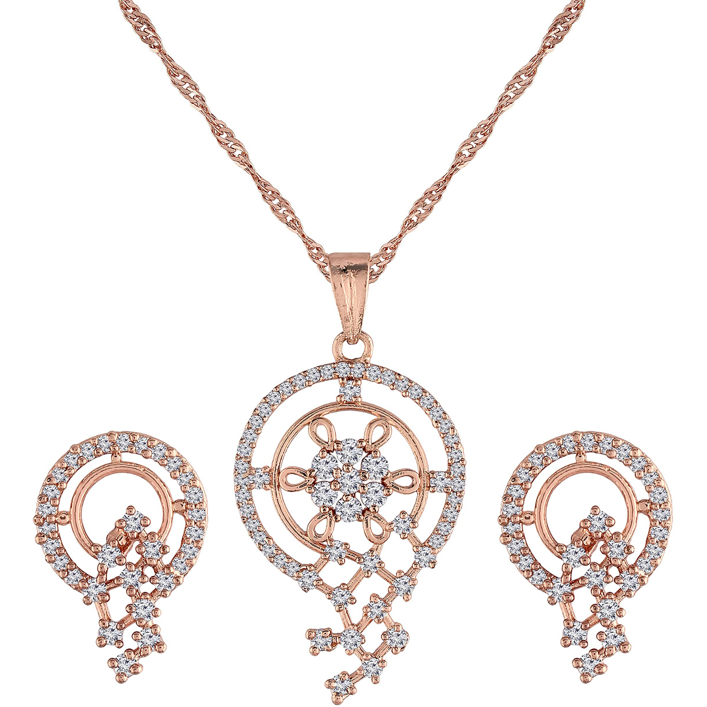 I Jewels Rose Gold Plated Glittering American Diamond CZ Zircon Chain Pendent Necklace Set for Women & Girls (CH48RG)