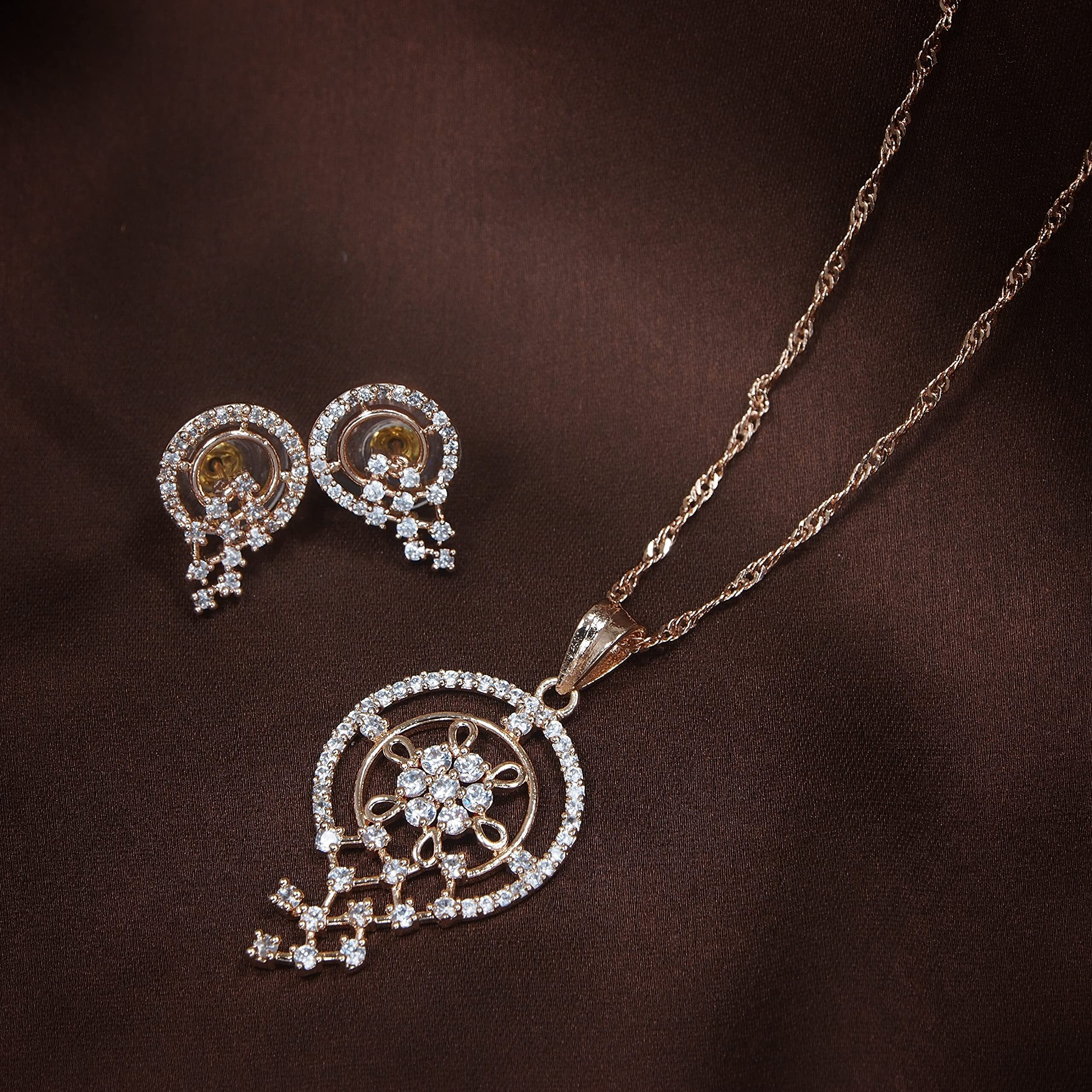 I Jewels Rose Gold Plated Glittering American Diamond CZ Zircon Chain Pendent Necklace Set for Women & Girls (CH48RG)