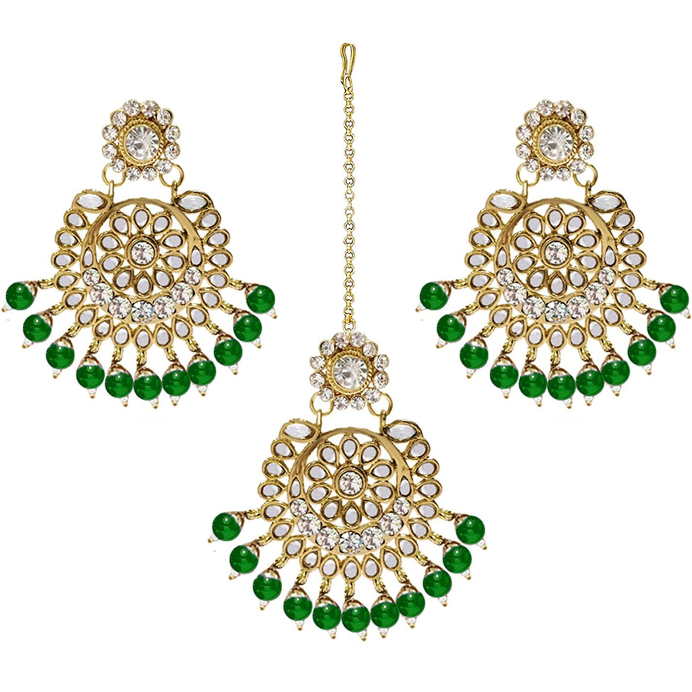 Peora Wedding Traditional 18K Gold Plated Green Earring Maang Tikka Jewellery Set for Women Girls