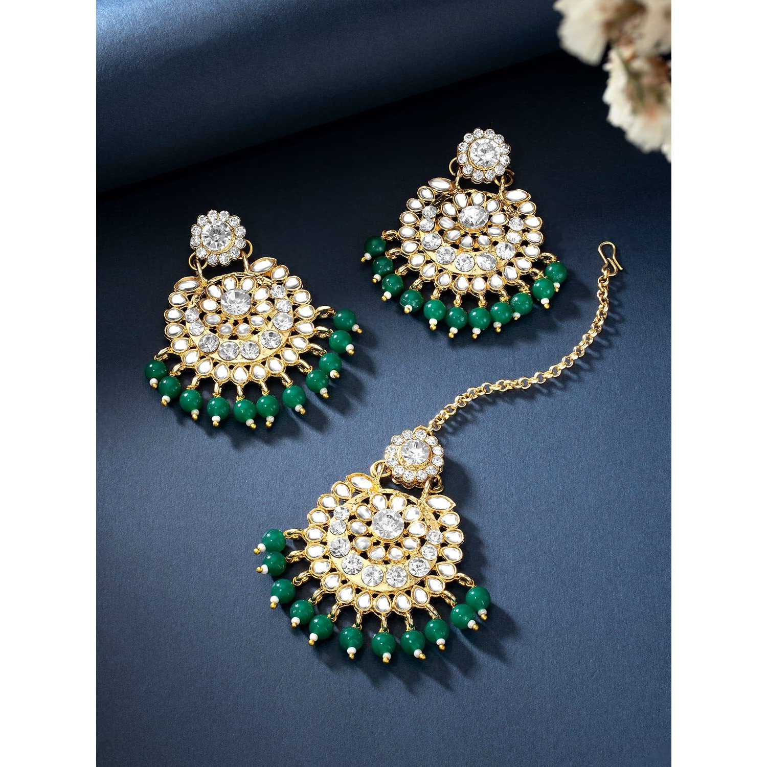 Peora Wedding Traditional 18K Gold Plated Green Earring Maang Tikka Jewellery Set for Women Girls