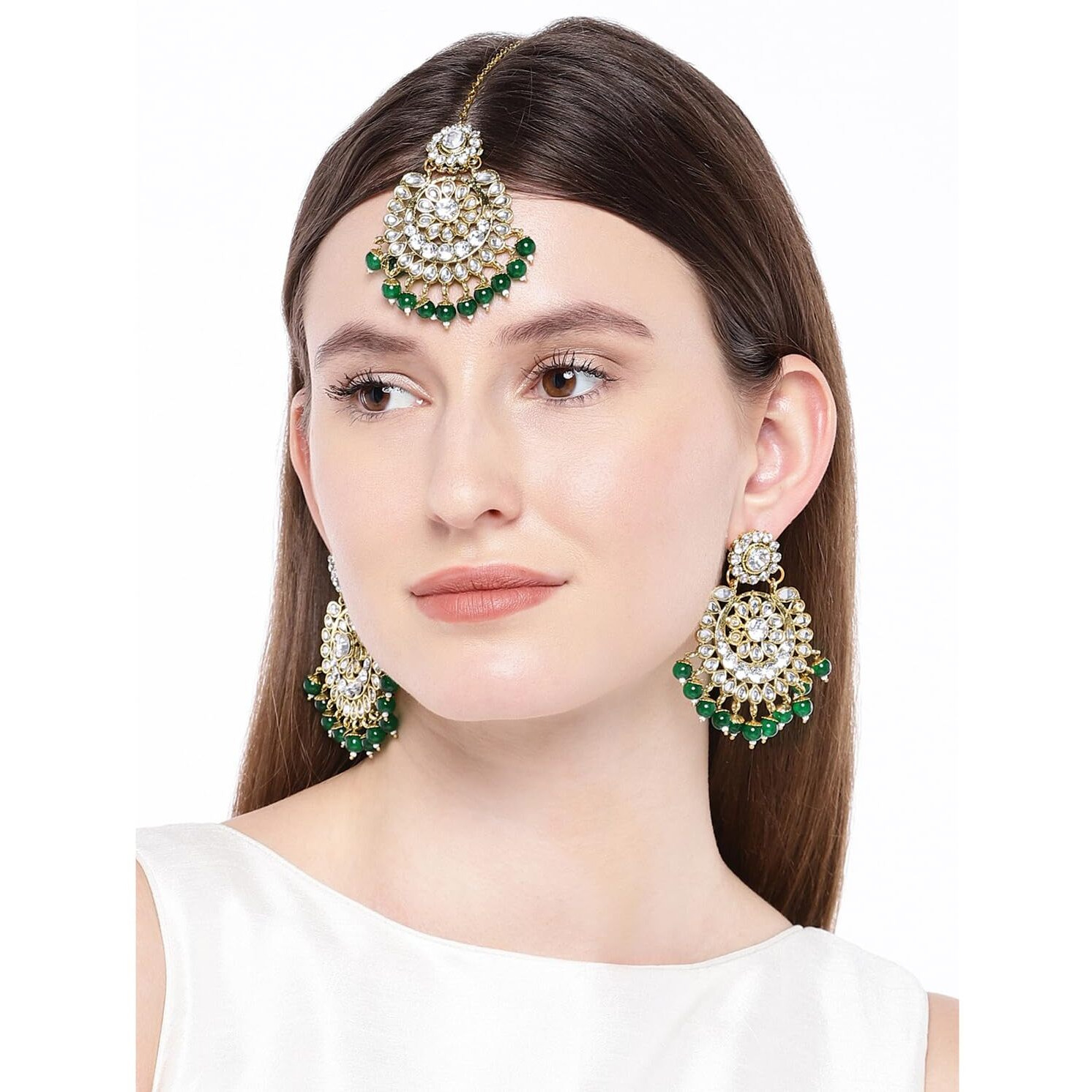 Peora Wedding Traditional 18K Gold Plated Green Earring Maang Tikka Jewellery Set for Women Girls
