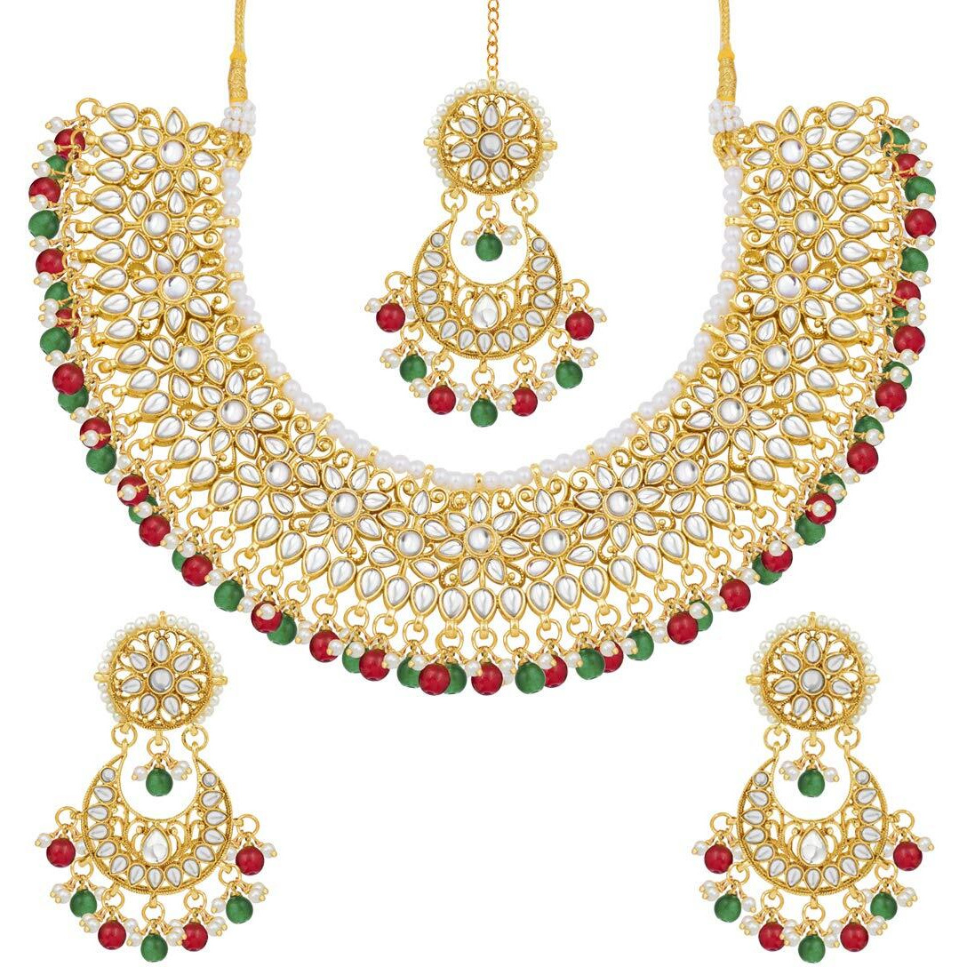 Peora Gold Plated Kundan Choker Necklace Earrings with Maang Tikka Jewellery Set for Women