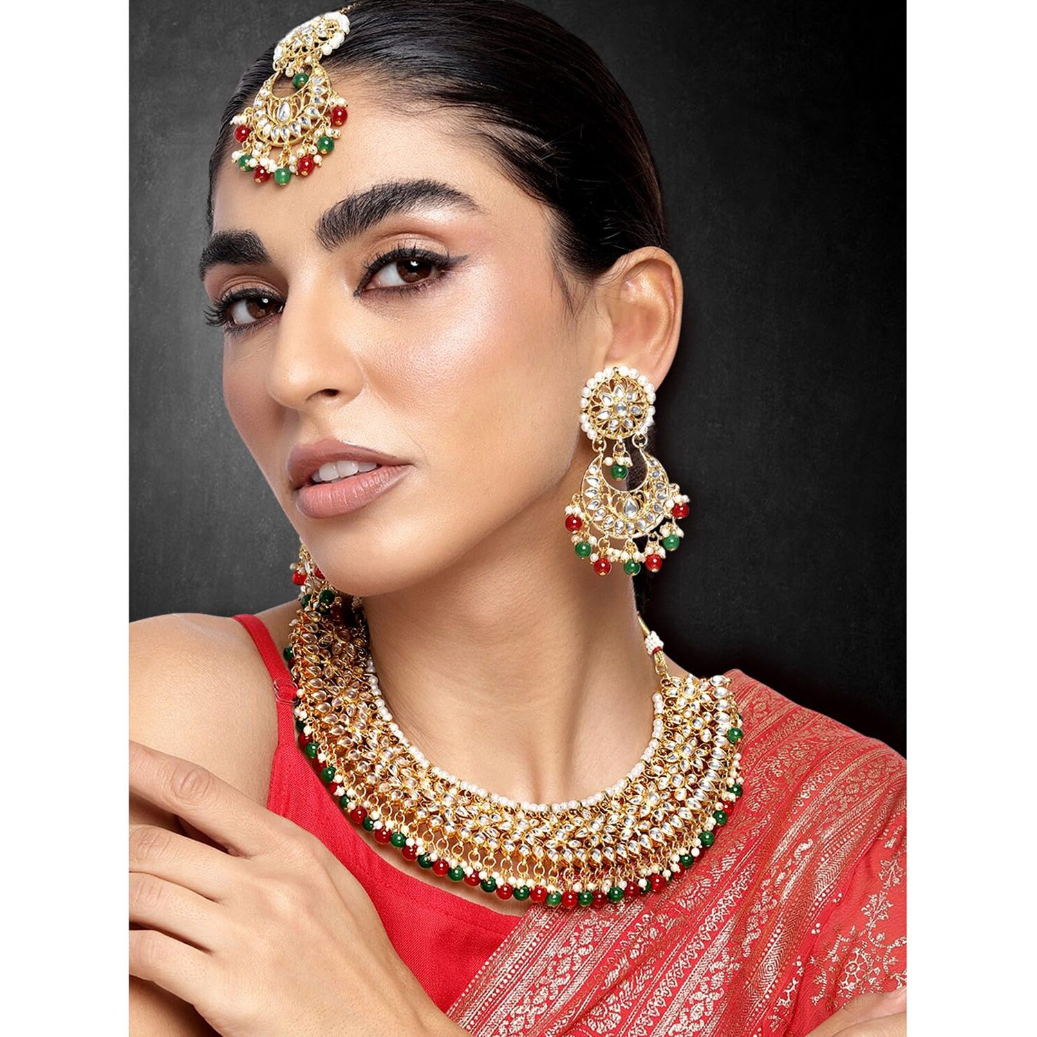 Peora Gold Plated Kundan Choker Necklace Earrings with Maang Tikka Jewellery Set for Women