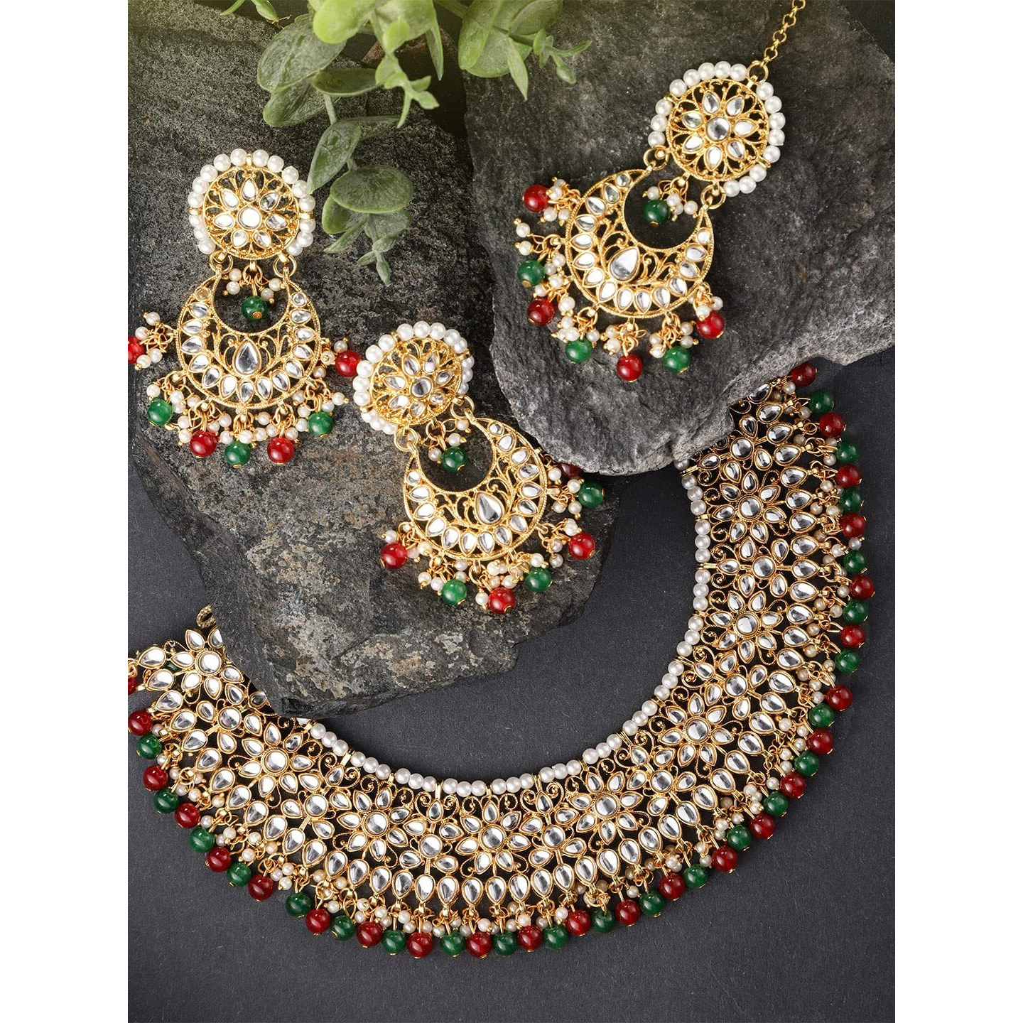 Peora Gold Plated Kundan Choker Necklace Earrings with Maang Tikka Jewellery Set for Women