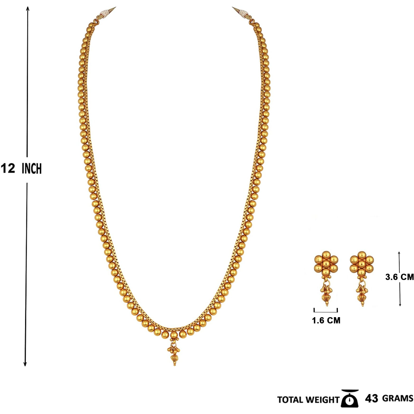 JFL - Jewellery for Less One Gram Gold Plated Traditional Patta Golden Bead Design Long Necklace Set with Adjustable Thread for Women and Girls,Valentine