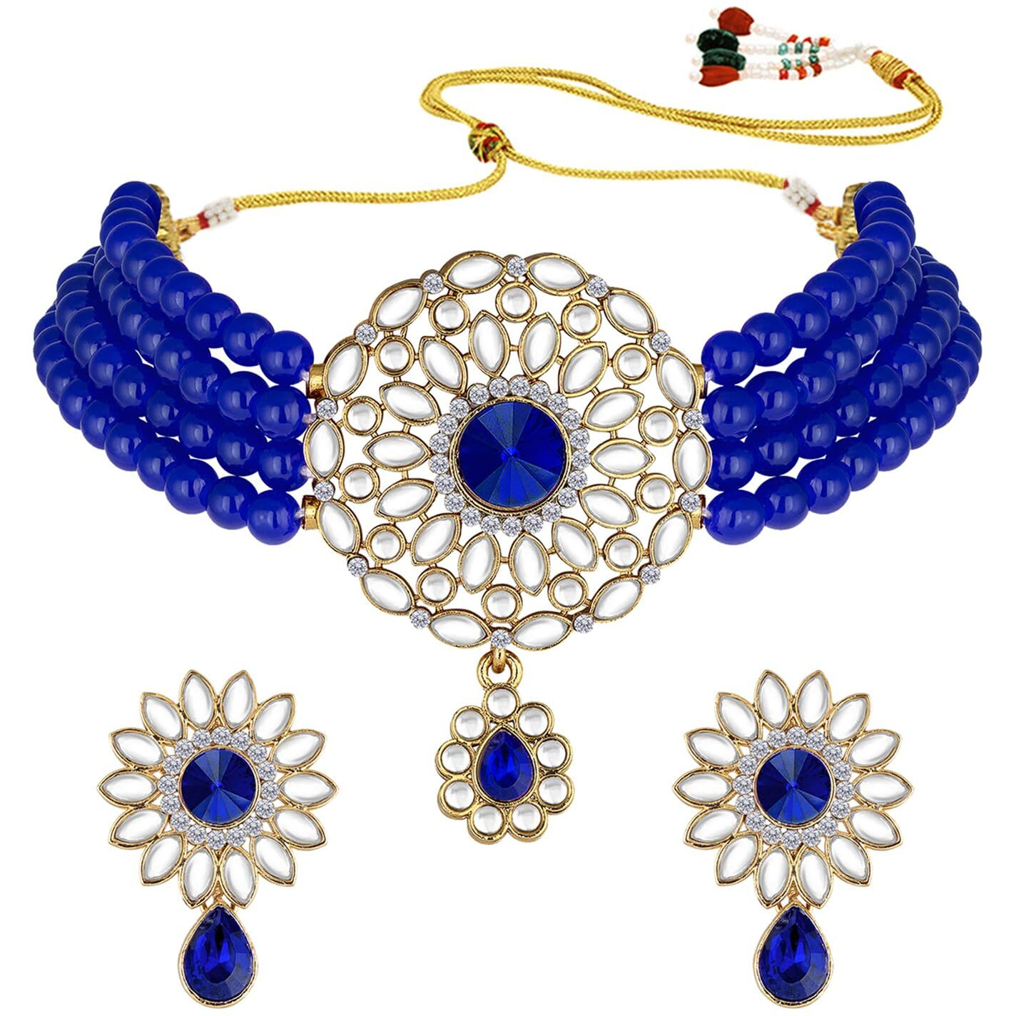 Peora Gold Plated Kundan Blue Choker Necklace Beaded Traditional Jewellery Set for Women