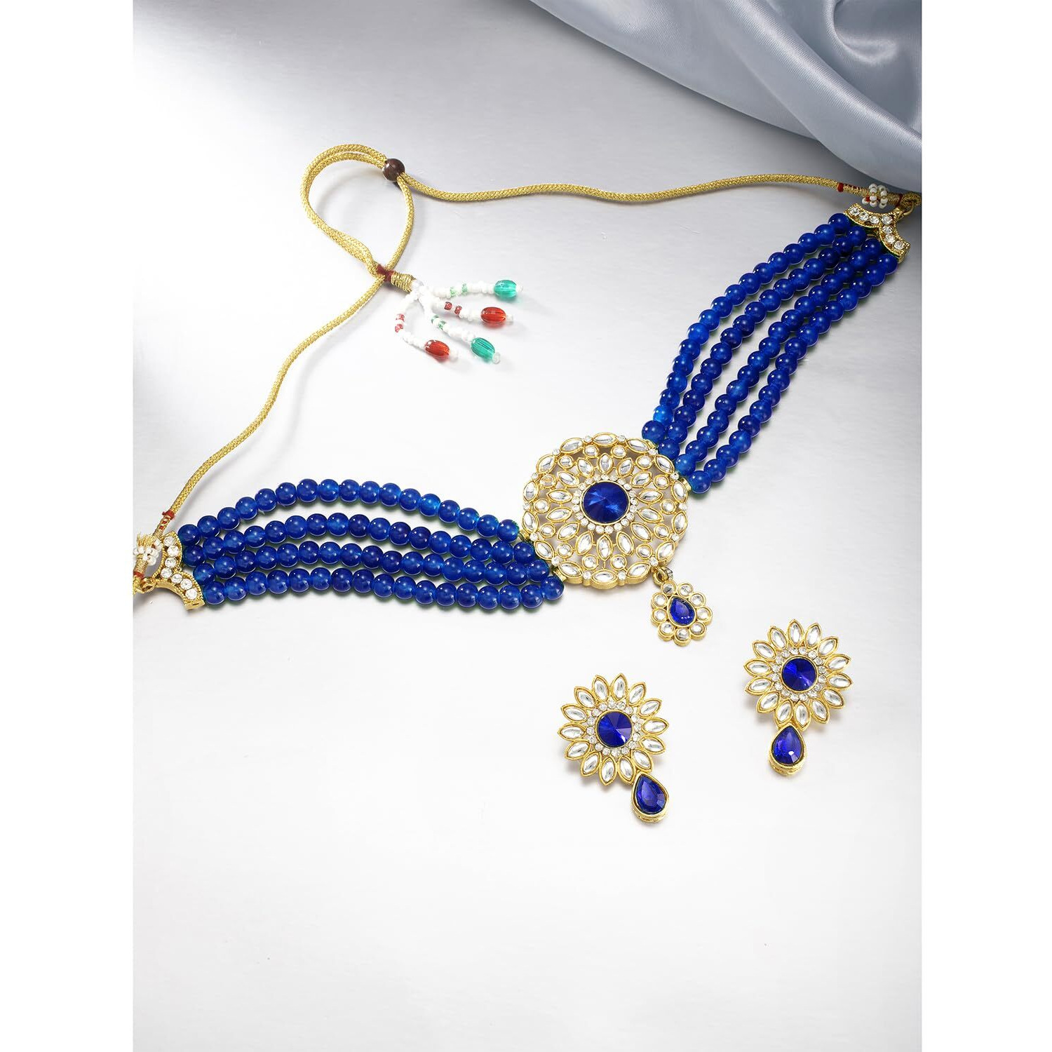 Peora Gold Plated Kundan Blue Choker Necklace Beaded Traditional Jewellery Set for Women