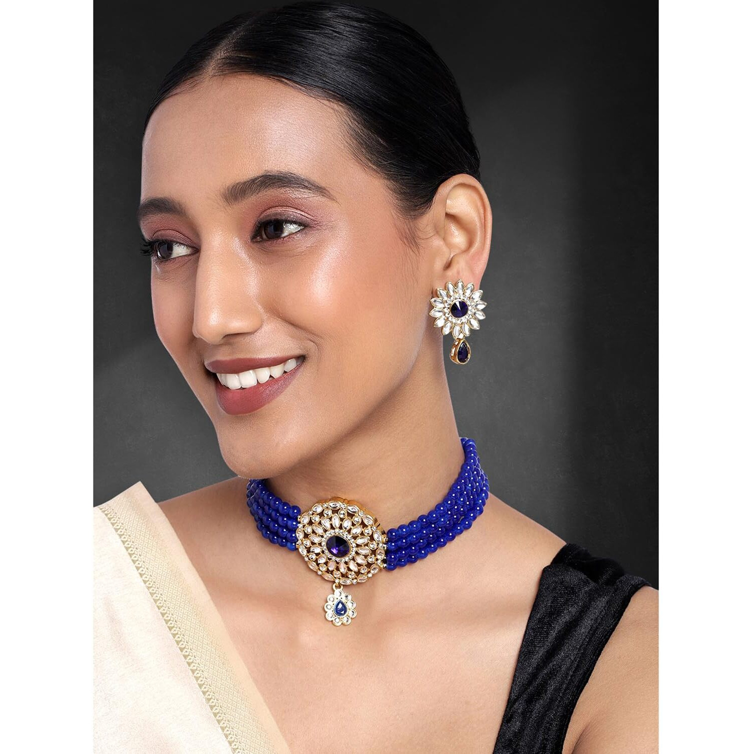 Peora Gold Plated Kundan Blue Choker Necklace Beaded Traditional Jewellery Set for Women