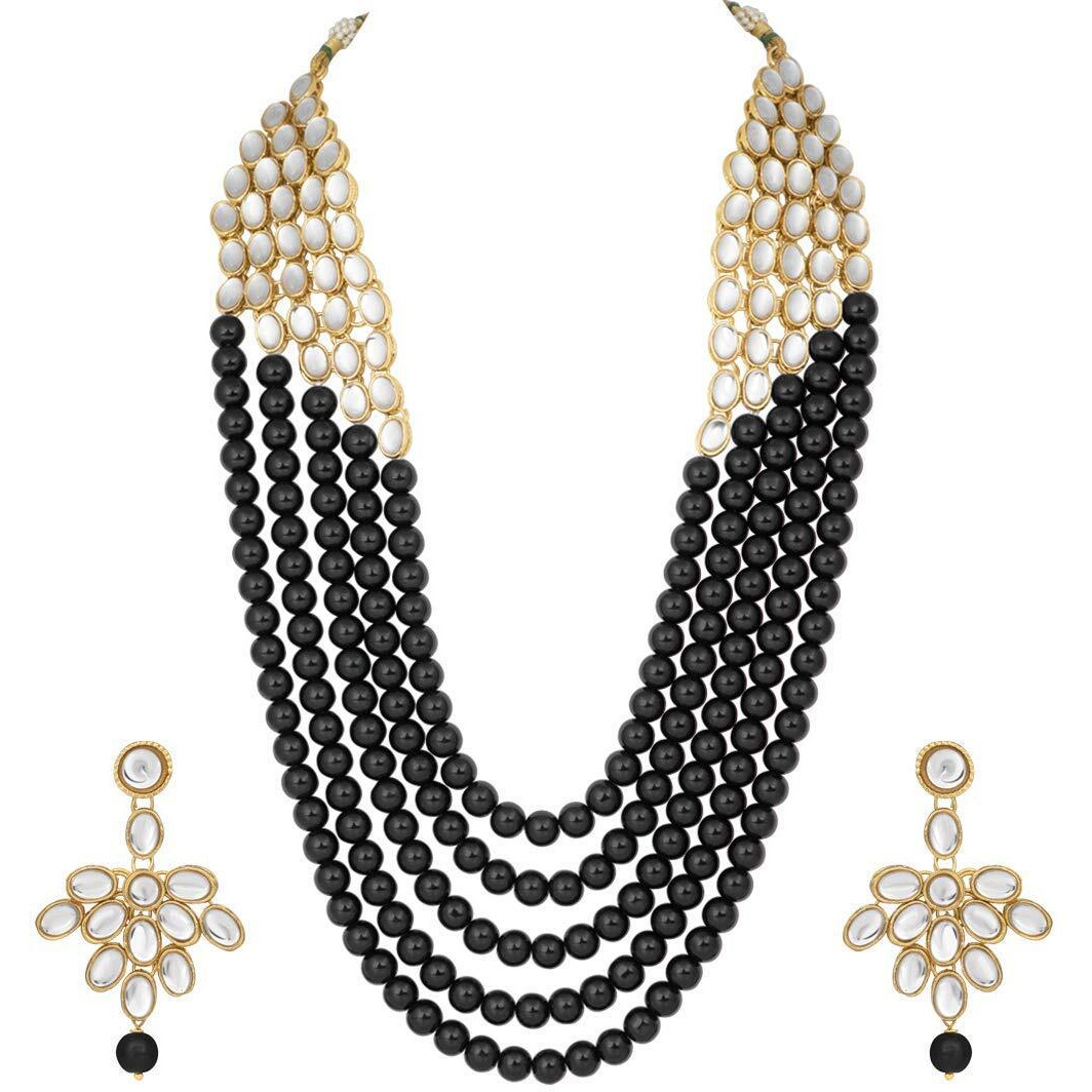 I Jewels Wedding Collection 5 Layer Faux Mother-of-pearl and Kundan Rani Haar Necklace Jewellery Set with Earrings for Women (IJ350B)