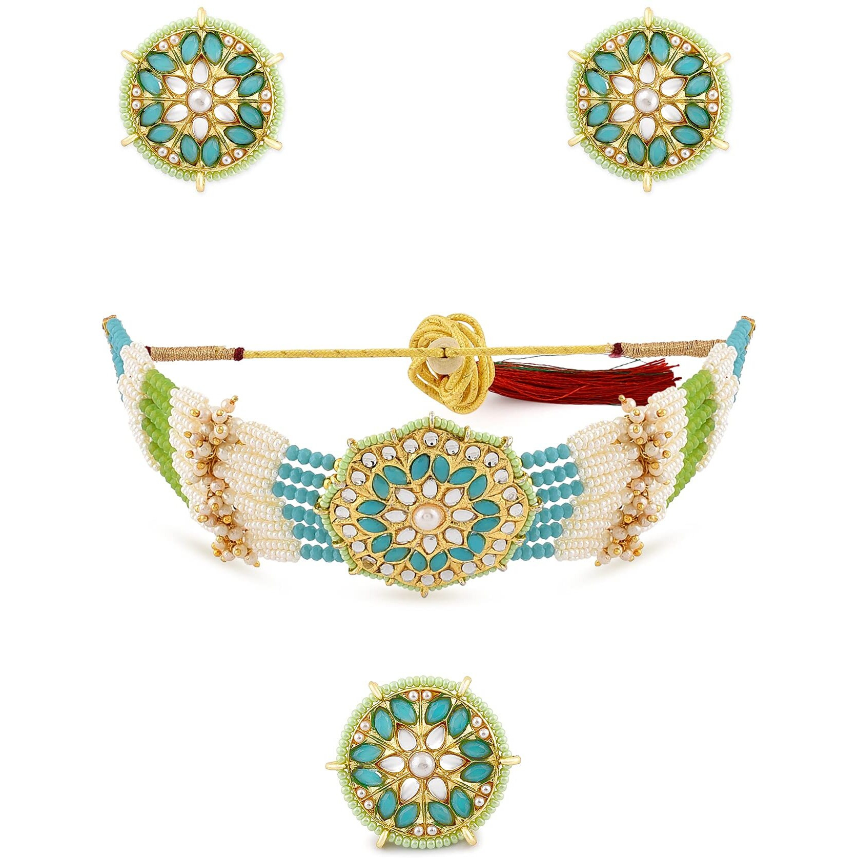 ZAVERI PEARLS Turquoise Blue & Green Clustered Pearl Necklace Earring & Ring Set For Women-ZPFK11070