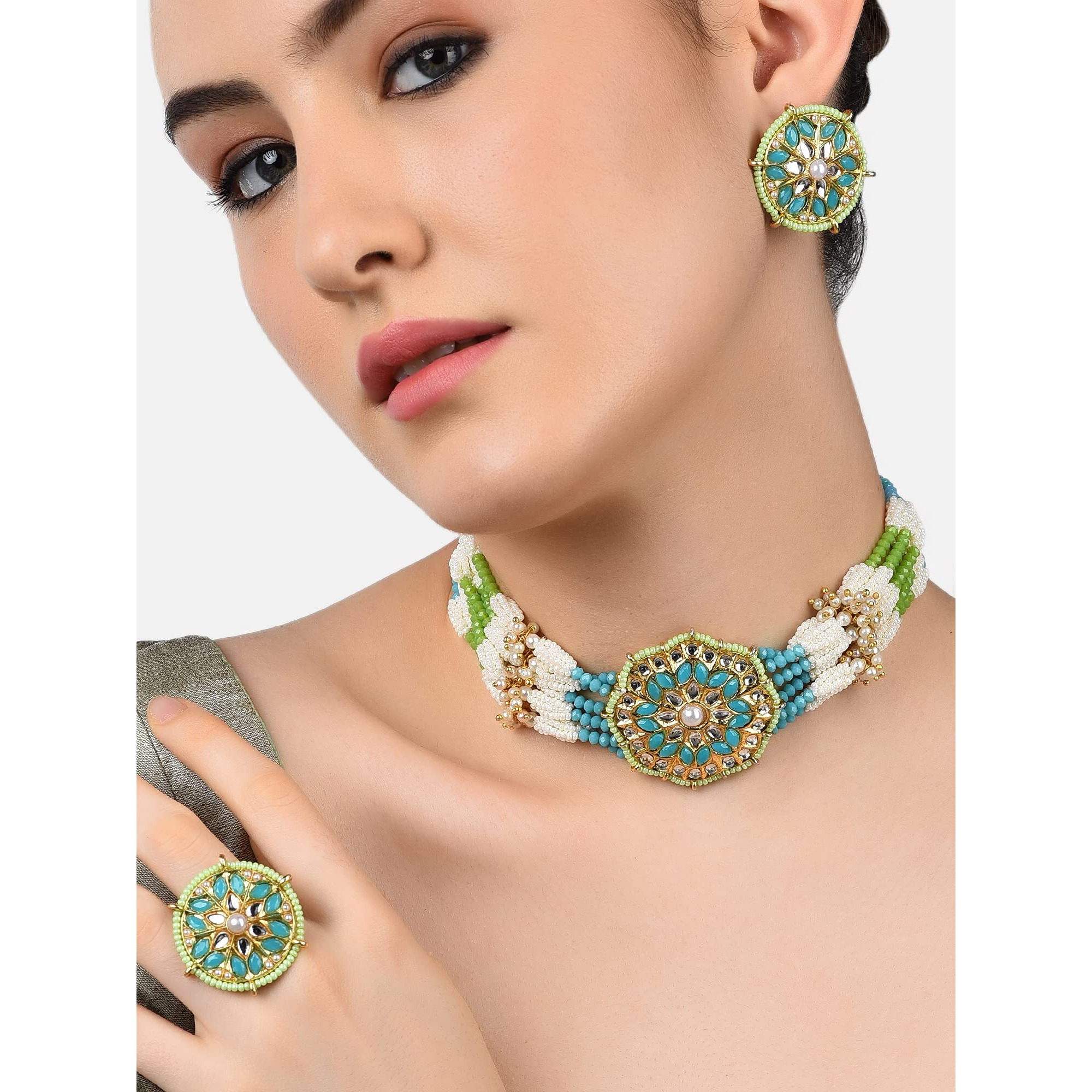 ZAVERI PEARLS Turquoise Blue & Green Clustered Pearl Necklace Earring & Ring Set For Women-ZPFK11070