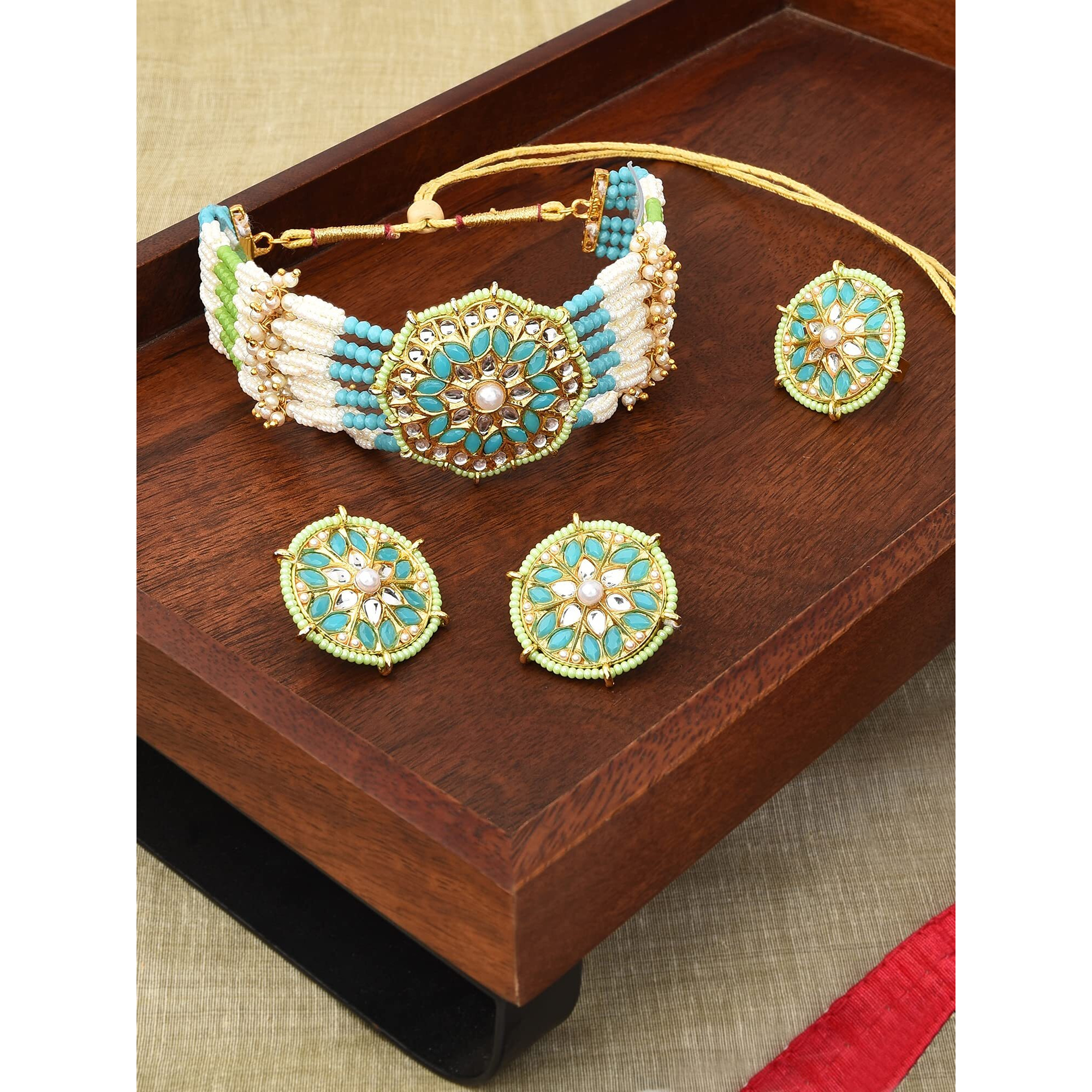 ZAVERI PEARLS Turquoise Blue & Green Clustered Pearl Necklace Earring & Ring Set For Women-ZPFK11070