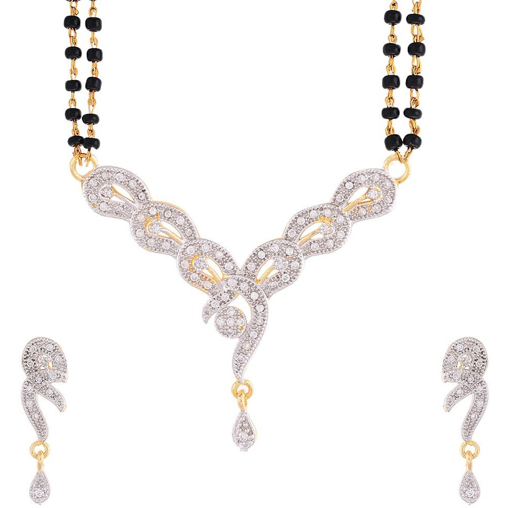 ZENEME Mangalsutra American Diamond Gold Plated Pendant Jewellery with Chain and Earrings for Women (Design-5)