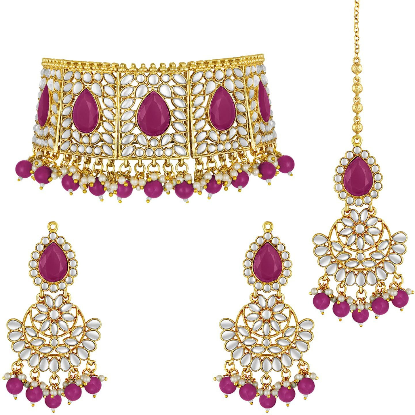 Peora Rani Padmavati Dulhan Bridal Kundan Faux Pearl Choker Necklace with Earrings Maang Tikka for Women Girls Indian Traditional Jewellery set