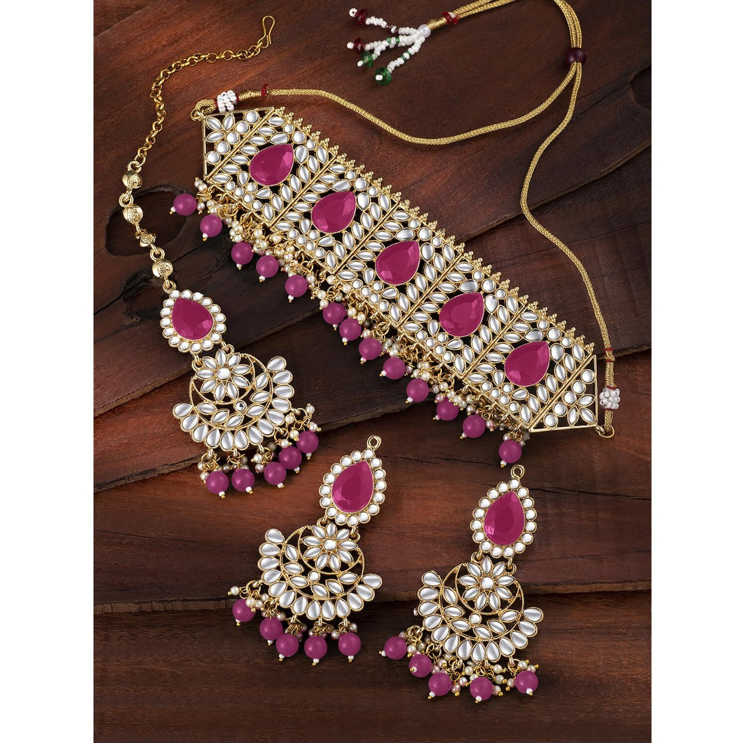 Peora Rani Padmavati Dulhan Bridal Kundan Faux Pearl Choker Necklace with Earrings Maang Tikka for Women Girls Indian Traditional Jewellery set