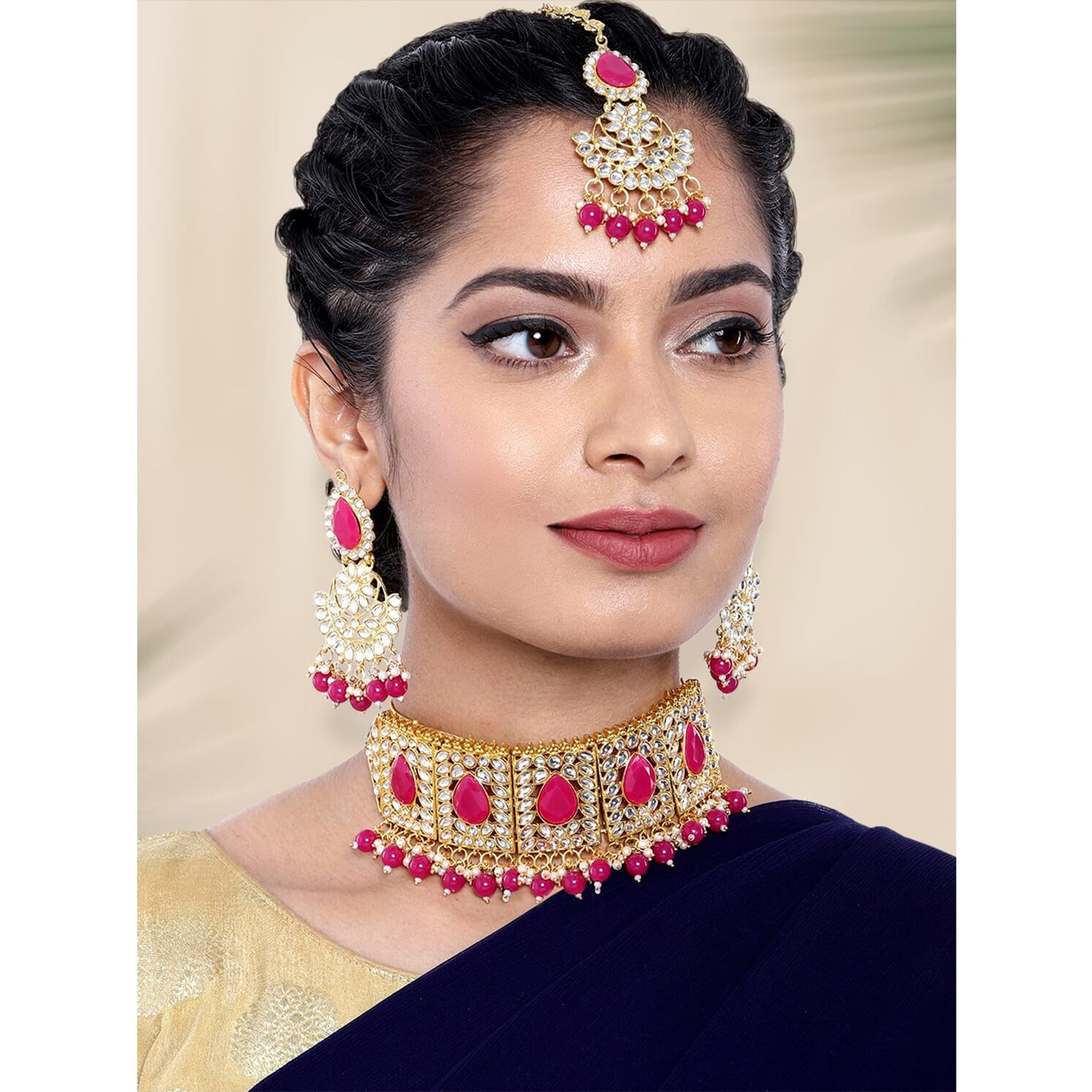 Peora Rani Padmavati Dulhan Bridal Kundan Faux Pearl Choker Necklace with Earrings Maang Tikka for Women Girls Indian Traditional Jewellery set