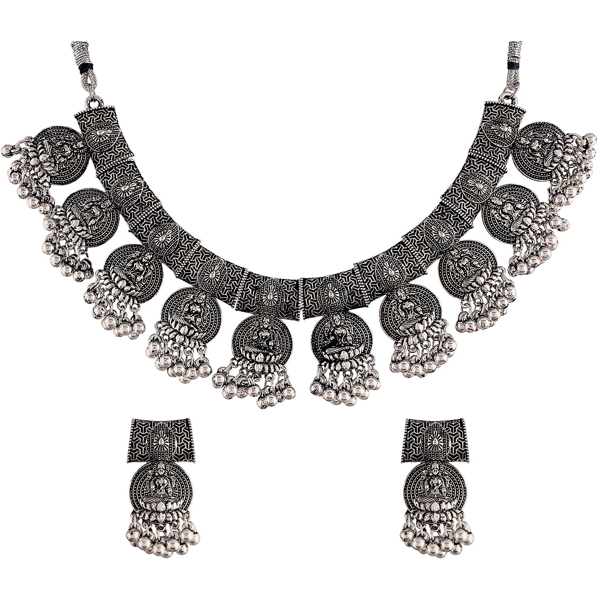 I Jewels Oxidised Silver Plated Afghani Choker Necklace Jewellery Set for Women (MC070)