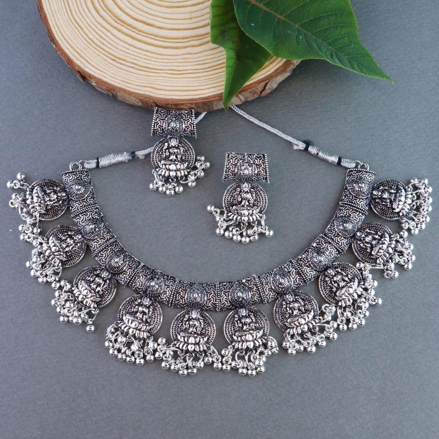 I Jewels Oxidised Silver Plated Afghani Choker Necklace Jewellery Set for Women (MC070)