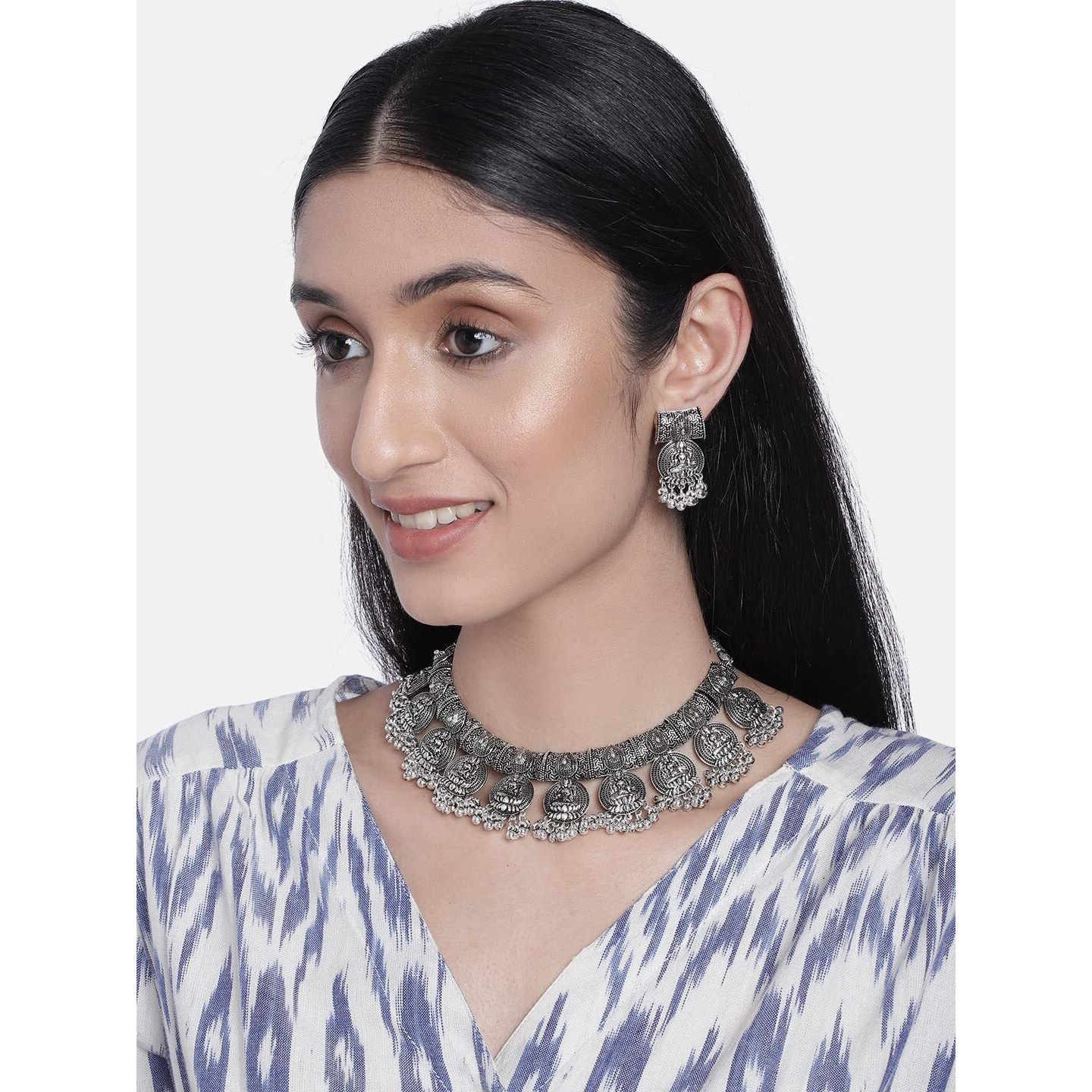 I Jewels Oxidised Silver Plated Afghani Choker Necklace Jewellery Set for Women (MC070)