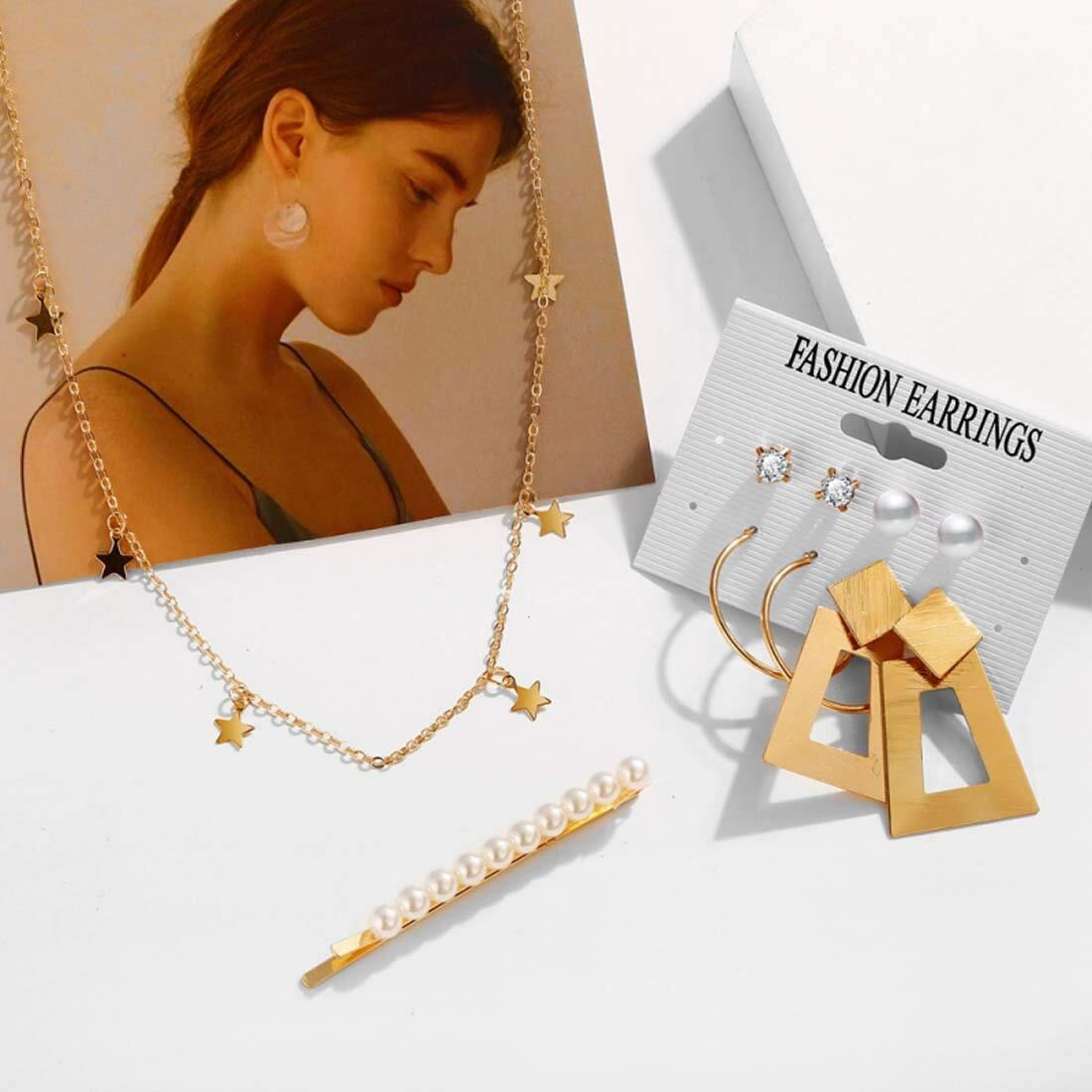 Jewels Galaxy Pearl Gold Plated Earrings with Necklace and Beautiful Rings with Bracelet for Women/Girls (CT-CB-MX-49533)