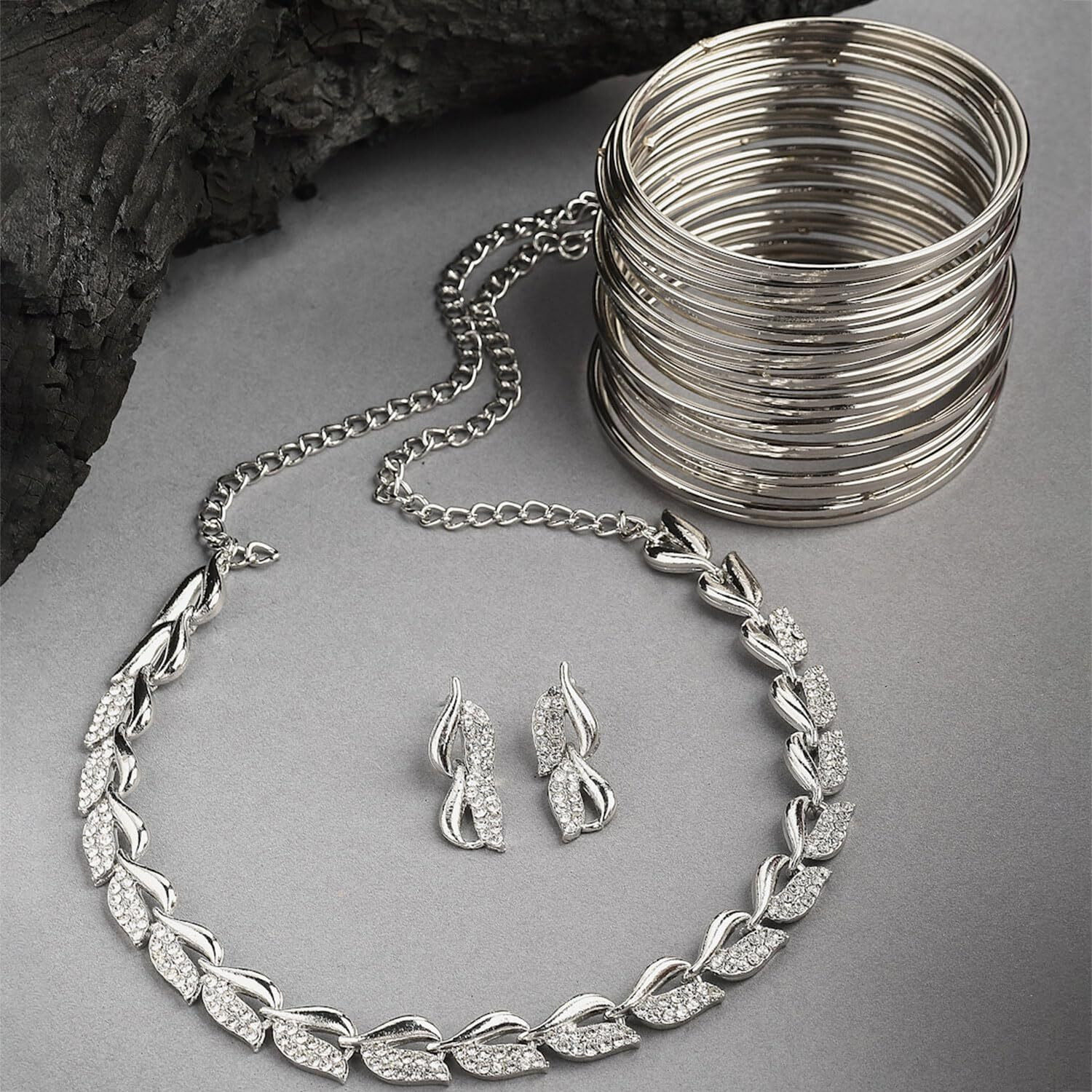 ZENEME Silver Plated Oxidised American Diamond Studded Necklace With Earring and Bangle Jewellery Set For Women and Girl (Black, 2.6) (Style_03, 2.8 Inches)