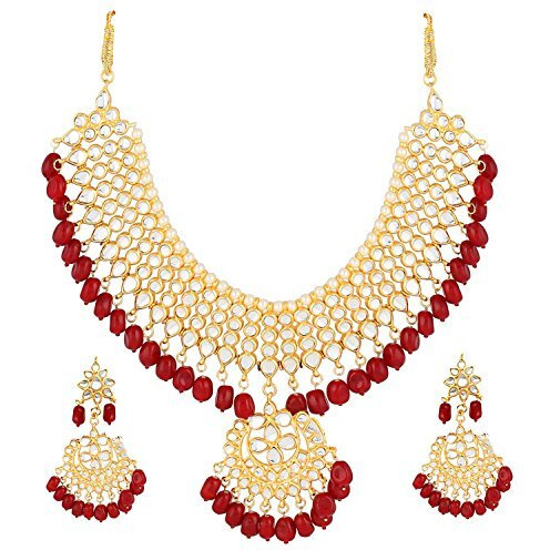 Shining Diva Fashion Gold Plated Kundan Pearl Necklace Set with Earrings for Women and Girls (Red)(9608s)