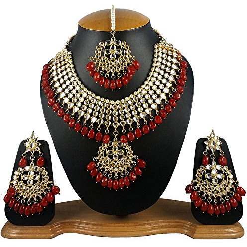 Shining Diva Fashion Gold Plated Kundan Pearl Necklace Set with Earrings for Women and Girls (Red)(9608s)