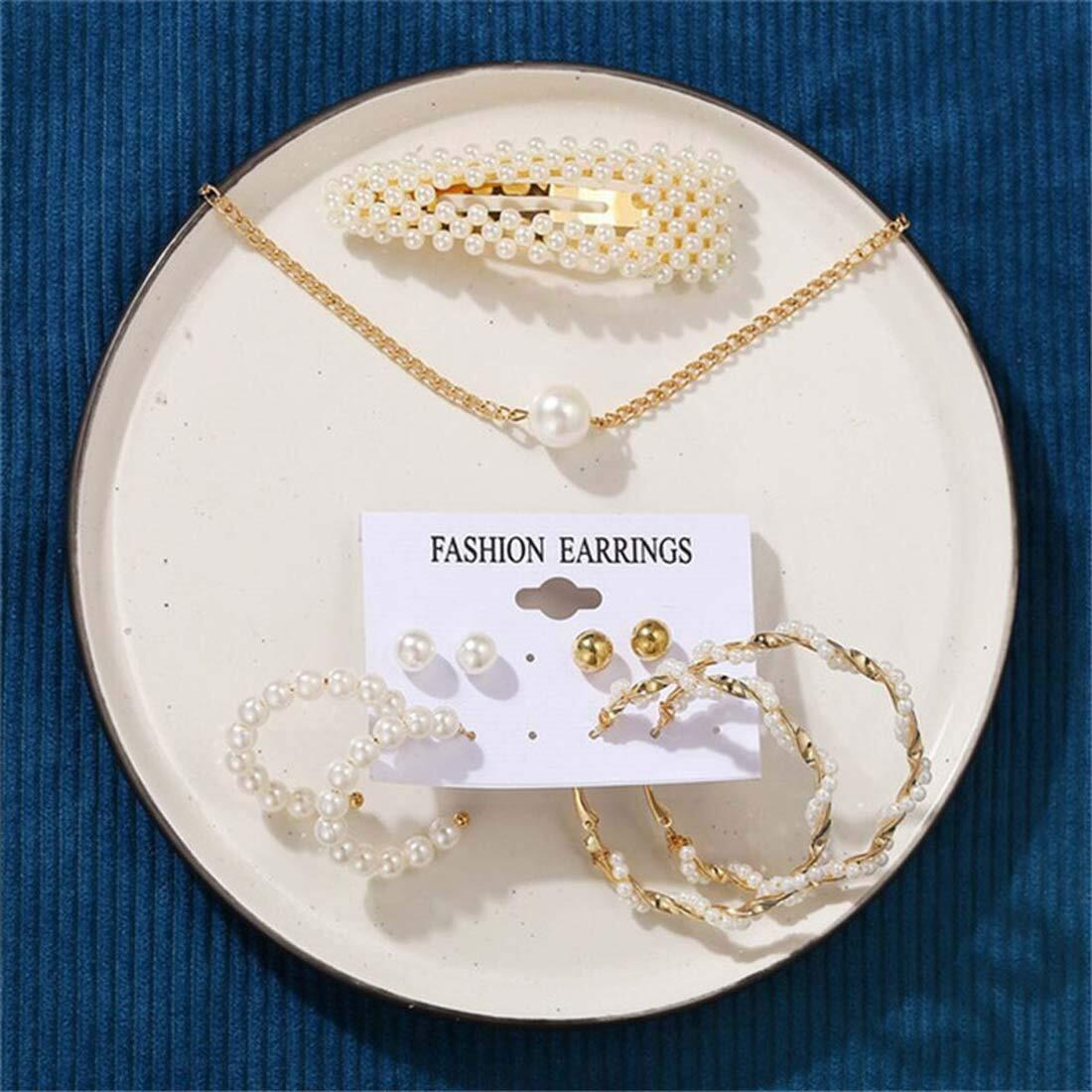Jewels Galaxy Stunning Pearl Gold Plated Earrings with Hair Clip and Necklace for Women/Girls (CT-CB-MIXS-49531)