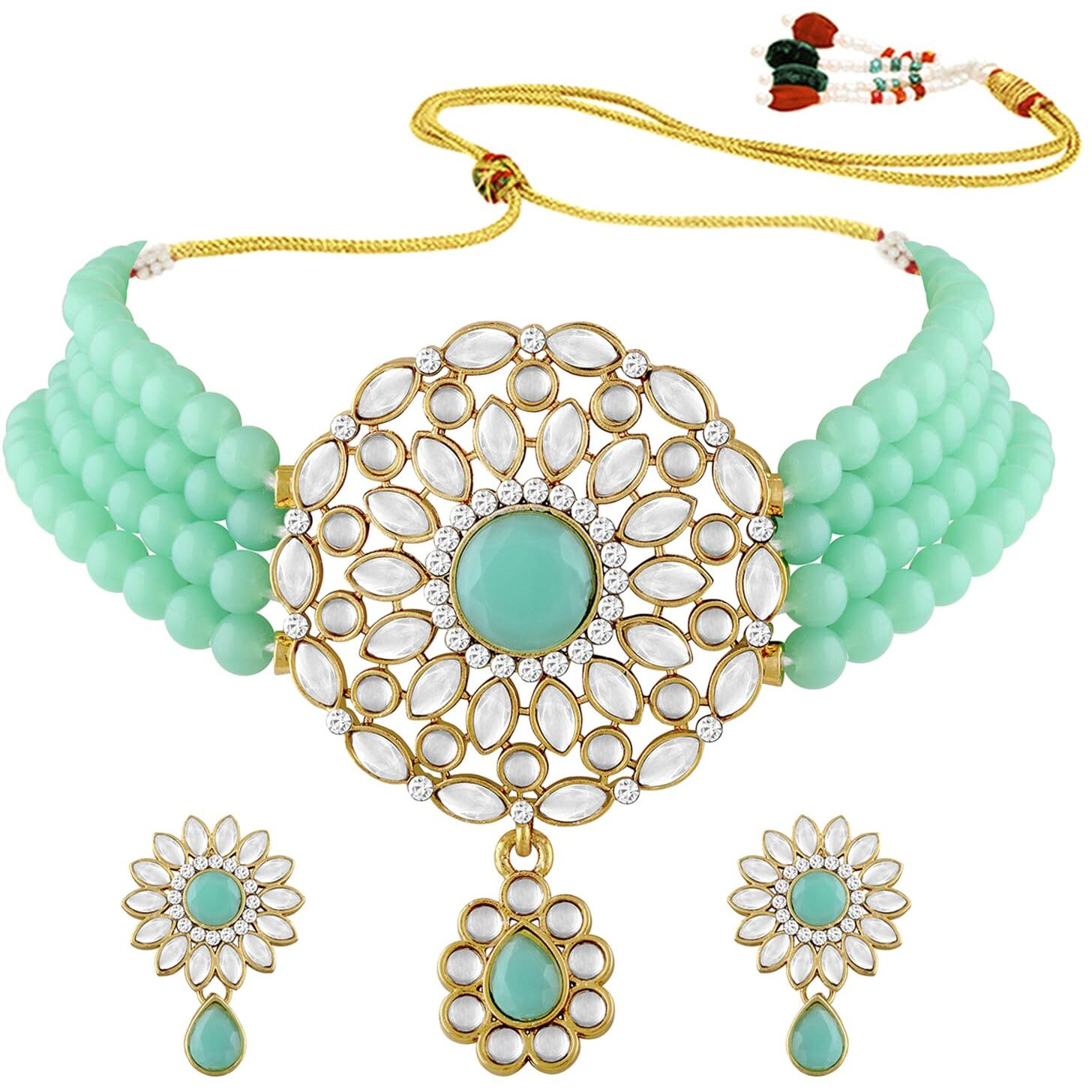 Peora Gold Plated Kundan Mint Choker Necklace Beaded Traditional Jewellery Set for Women