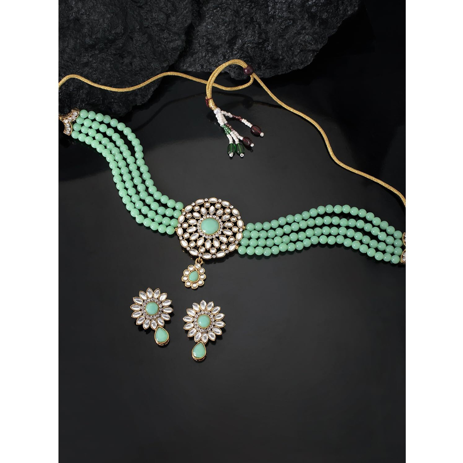 Peora Gold Plated Kundan Mint Choker Necklace Beaded Traditional Jewellery Set for Women