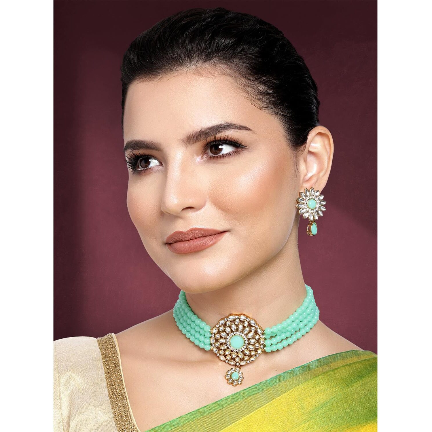 Peora Gold Plated Kundan Mint Choker Necklace Beaded Traditional Jewellery Set for Women